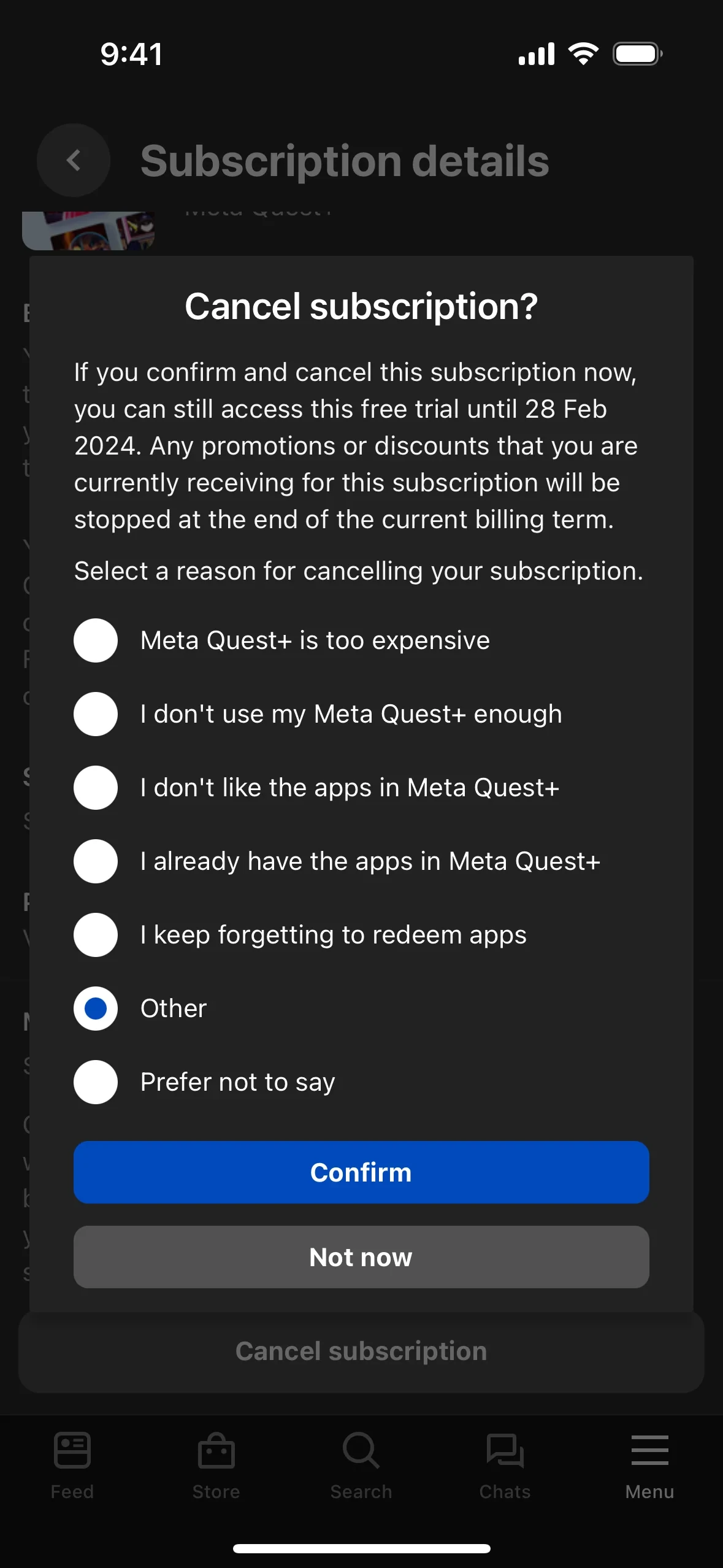 The same cancel sheet with the Other radio button selected and filled blue, the Confirm button now bright blue and enabled, and Not now beneath it
