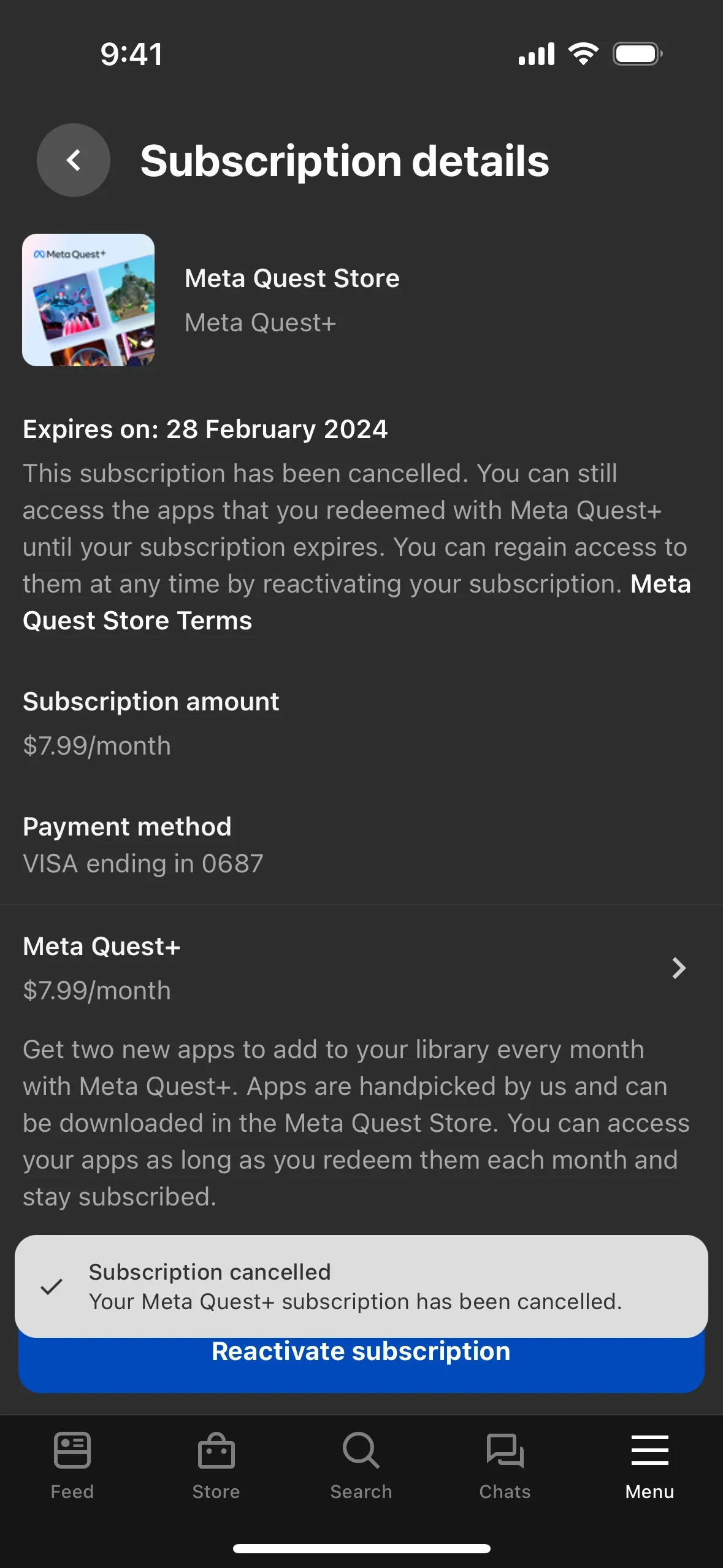 Post-cancellation Subscription details page reading "Expires on: 28 February 2024" and "This subscription has been cancelled. You can still access the apps that you redeemed with Meta Quest+ until your subscription expires", with a "Subscription cancelled" confirmation toast and a blue Reactivate subscription button