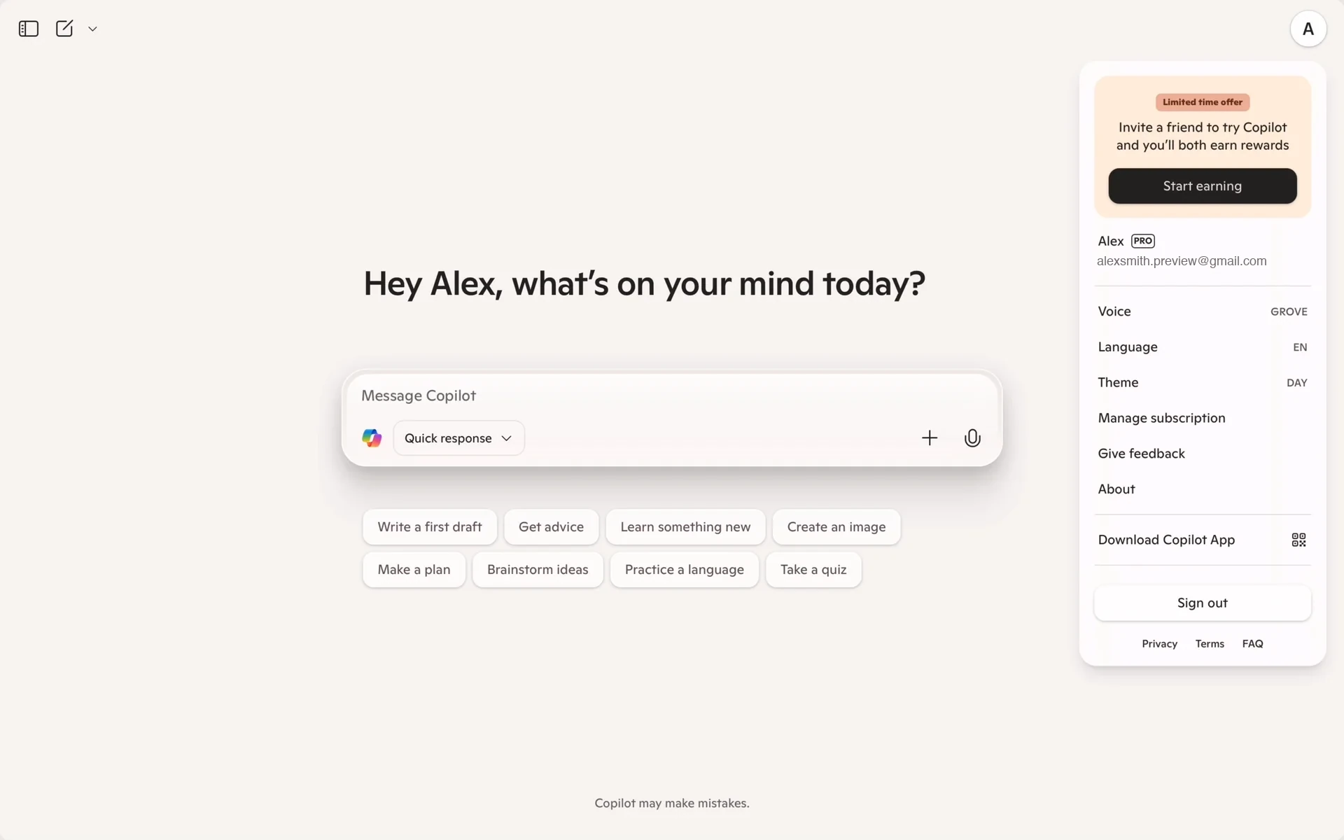 Copilot home page with the profile side panel open, showing the PRO badge next to the account name and the Manage subscription row above Give feedback