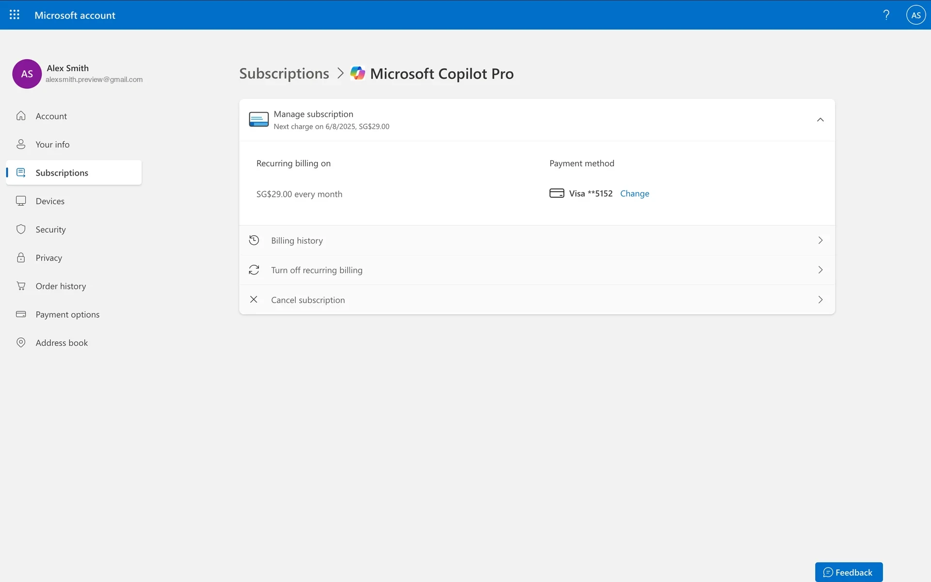Microsoft account Subscriptions page with the Microsoft Copilot Pro card expanded, showing the Manage subscription section with recurring billing on, payment method, and Billing history, Turn off recurring billing, and Cancel subscription rows at the bottom