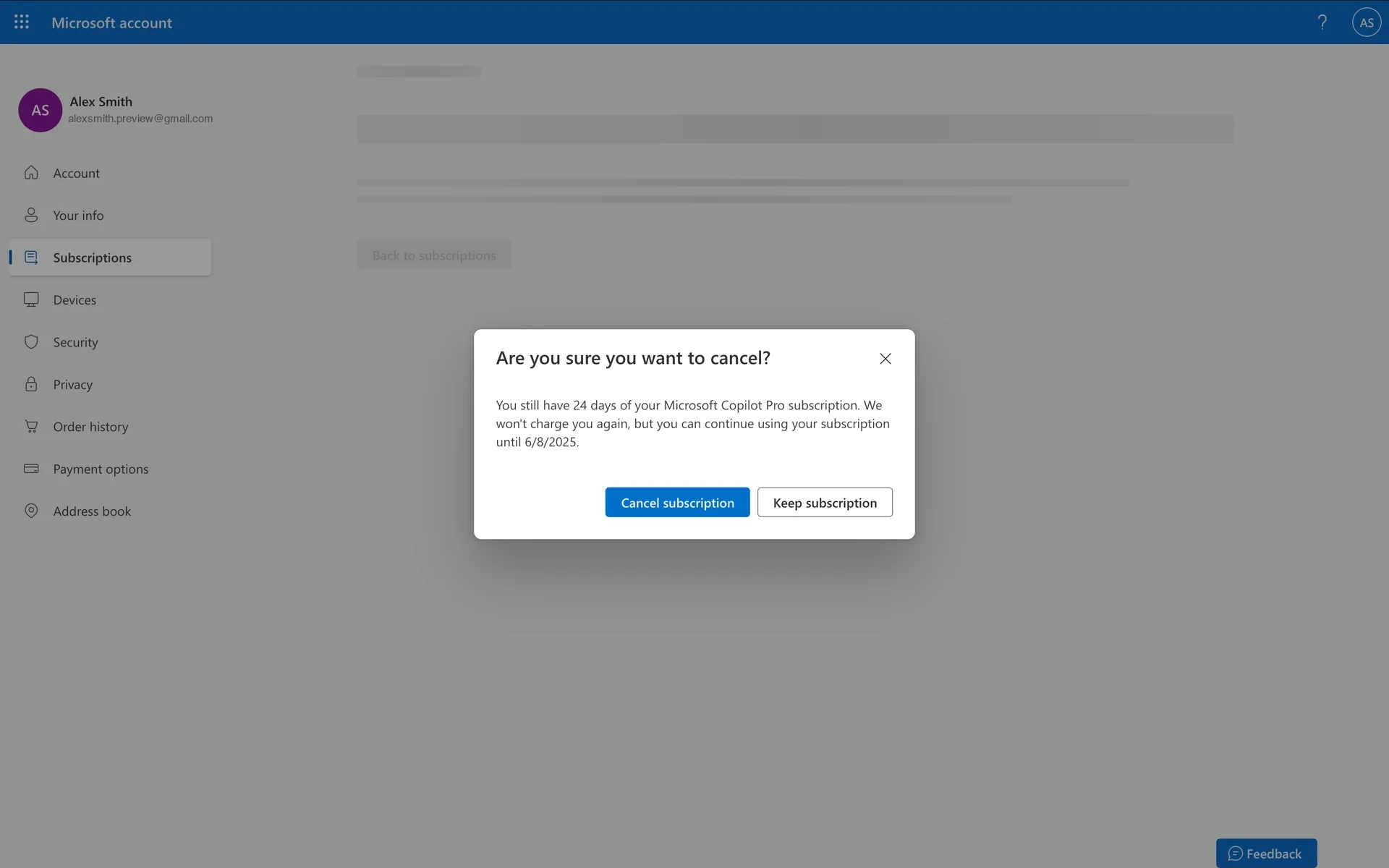 Microsoft account confirmation modal reading "Are you sure you want to cancel?" with text explaining the remaining days of Copilot Pro and end date, plus a blue Cancel subscription button and a white Keep subscription button