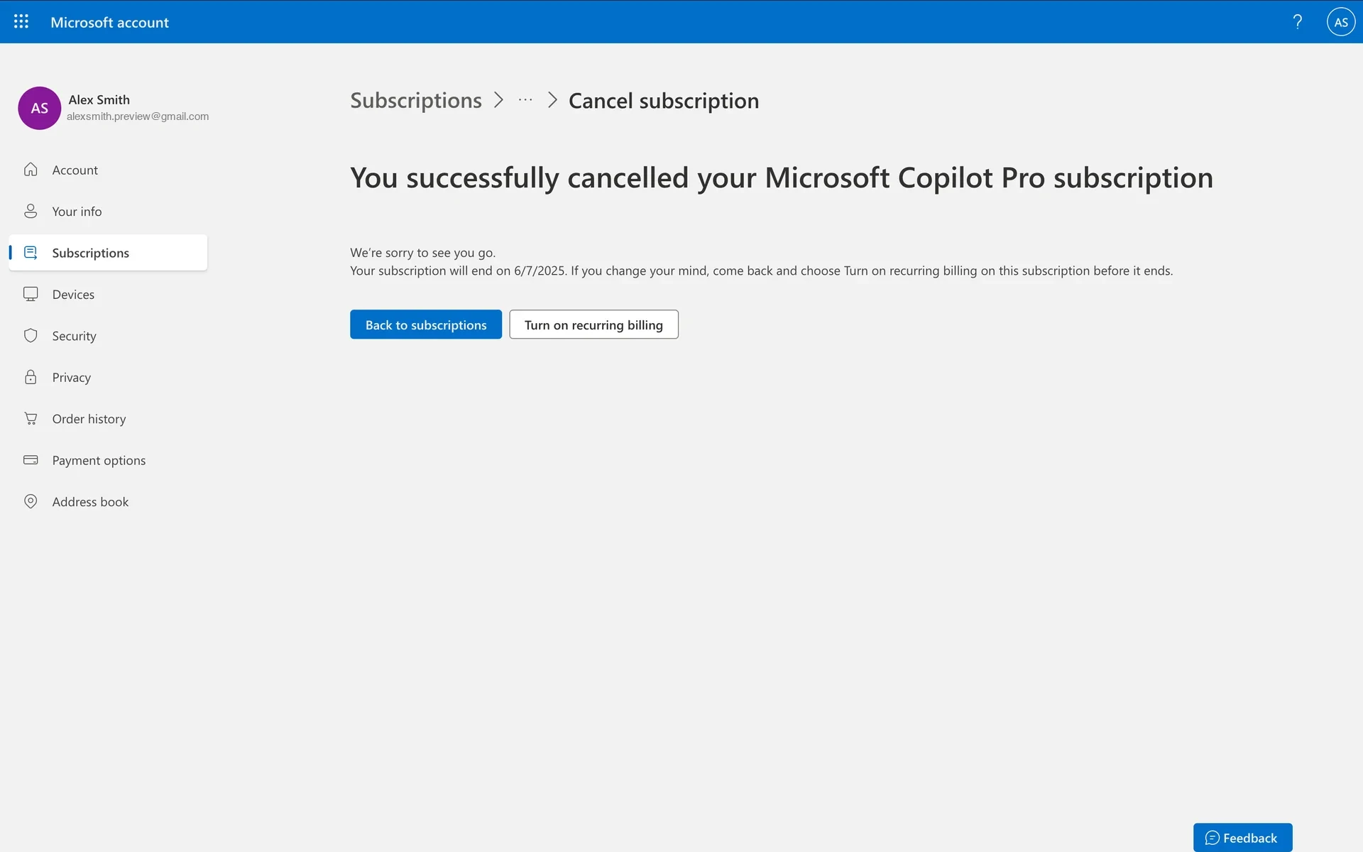 Microsoft account success page reading "You successfully cancelled your Microsoft Copilot Pro subscription" with "We're sorry to see you go" copy, the end date, and Back to subscriptions plus Turn on recurring billing buttons
