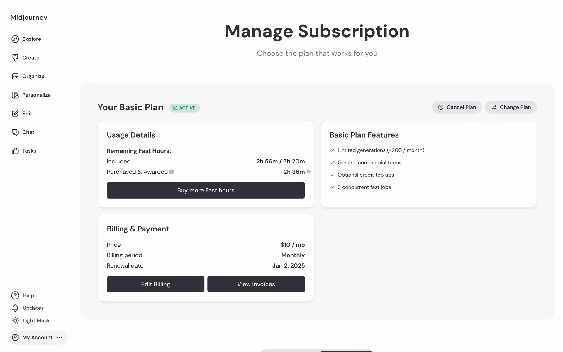 Midjourney Manage Subscription page showing Your Basic Plan with an ACTIVE badge, Cancel Plan and Change Plan buttons, Remaining Fast Hours under Usage Details, and Billing & Payment listing $10 / mo Monthly with a renewal date