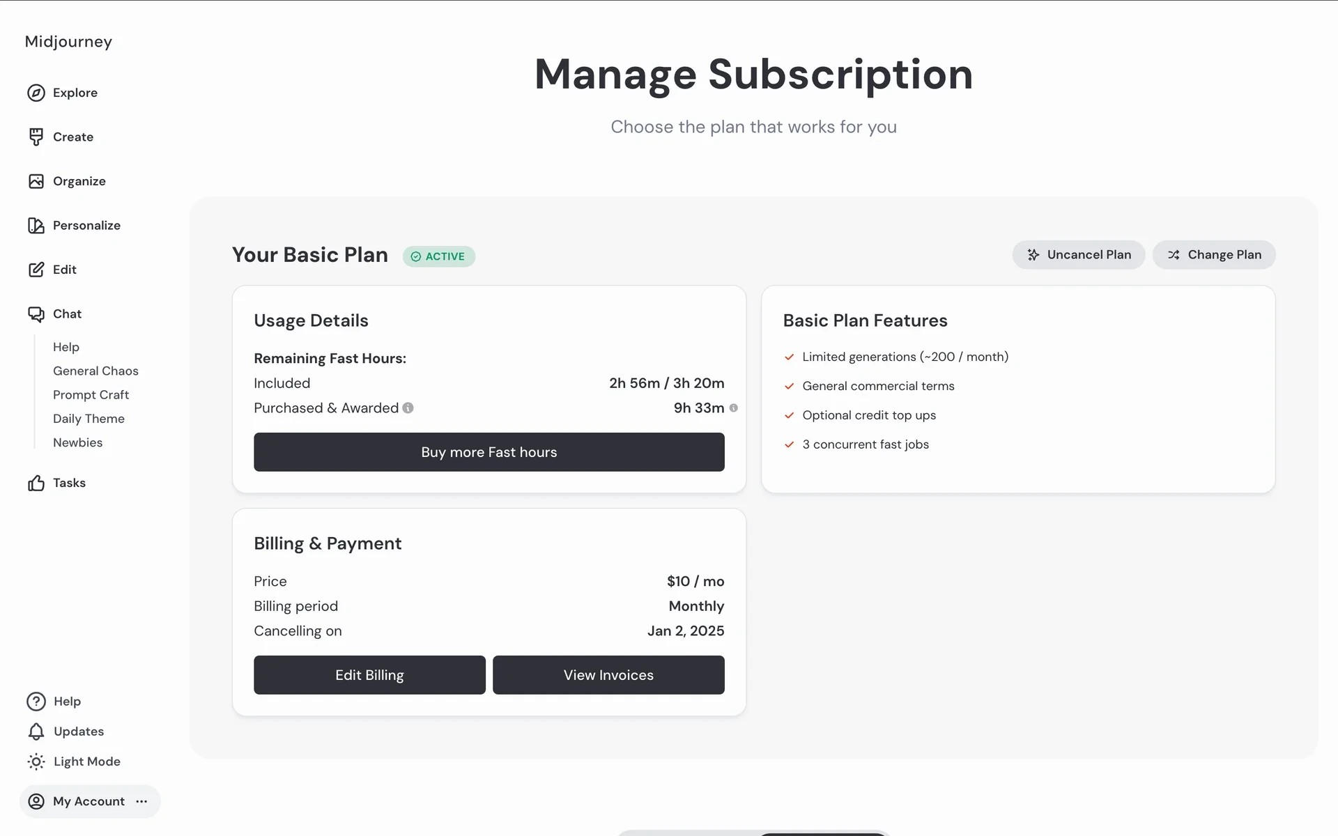 Midjourney Manage Subscription page after cancel showing Your Basic Plan still ACTIVE, an Uncancel Plan button next to Change Plan, and Billing & Payment reading Cancelling on Jan 2, 2025