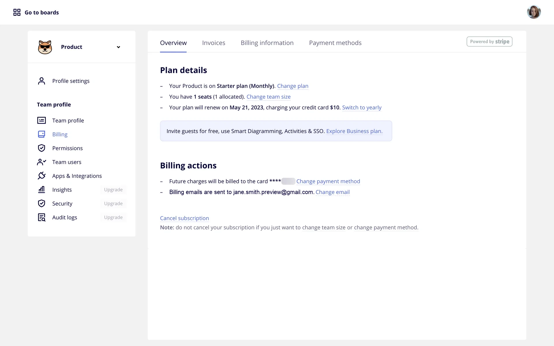 Miro Billing Overview for a Starter monthly plan showing one allocated seat, a renewal date, payment card details, and the Cancel subscription link under Billing actions