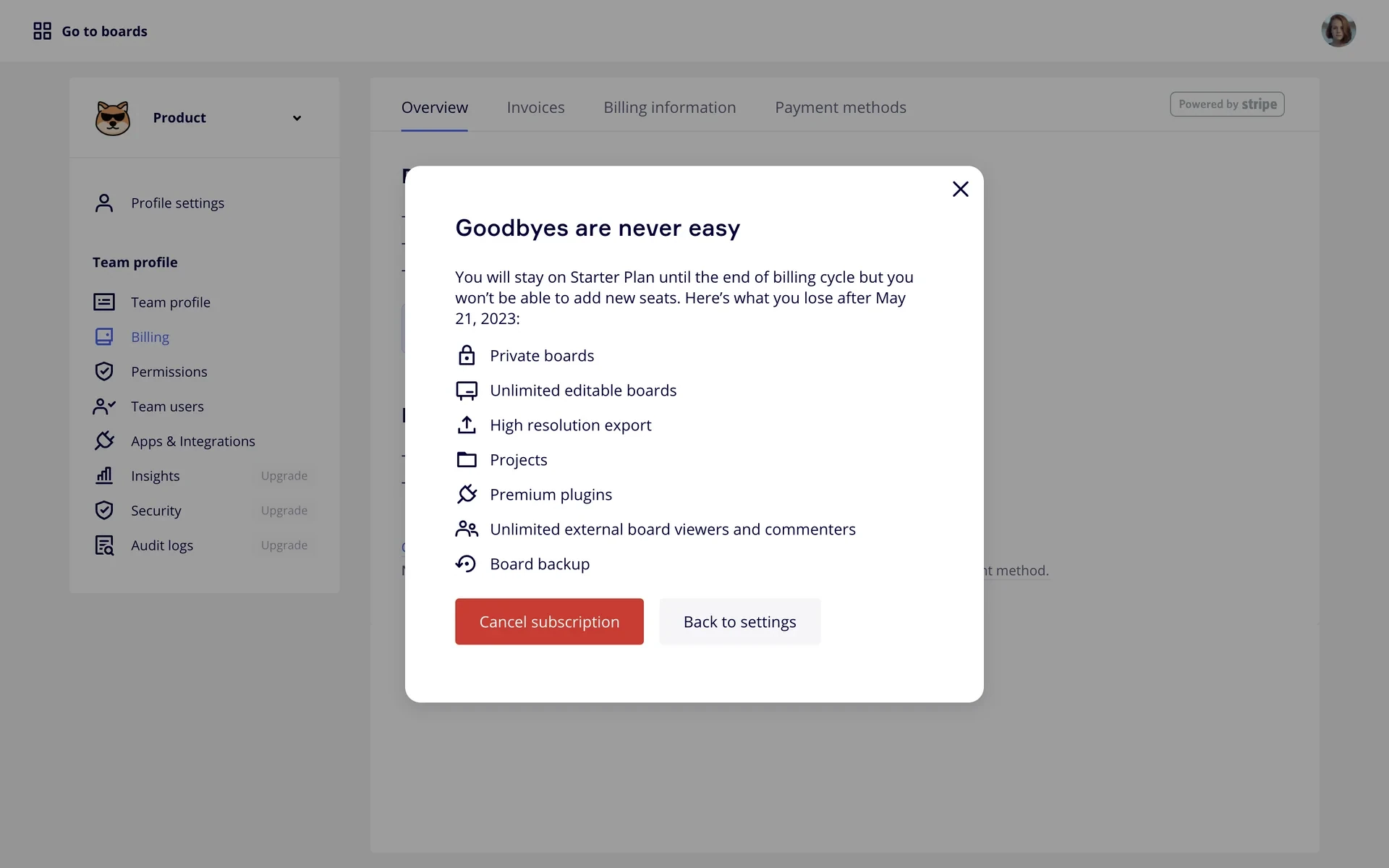Miro Goodbyes are never easy dialog listing Starter features that end on May 21, 2023, with Cancel subscription and Back to settings buttons