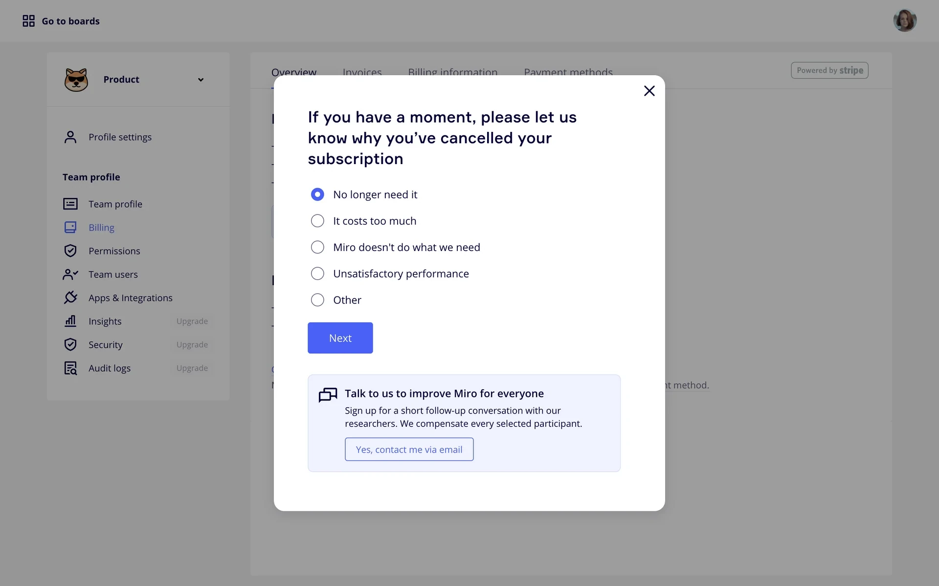 Miro cancellation survey asking why the subscription was canceled, with five unselected radio options, a disabled Next button, and a separate email research invitation