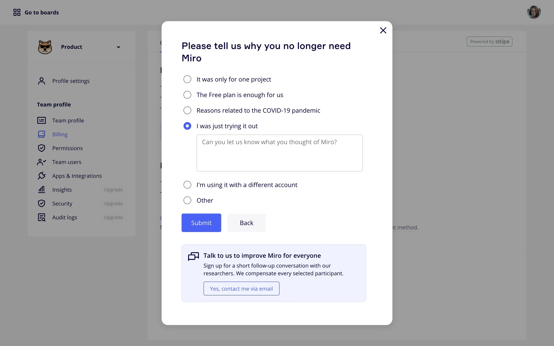 Miro cancellation survey with No longer need it selected, the Next button active, and an optional Yes contact me via email research button