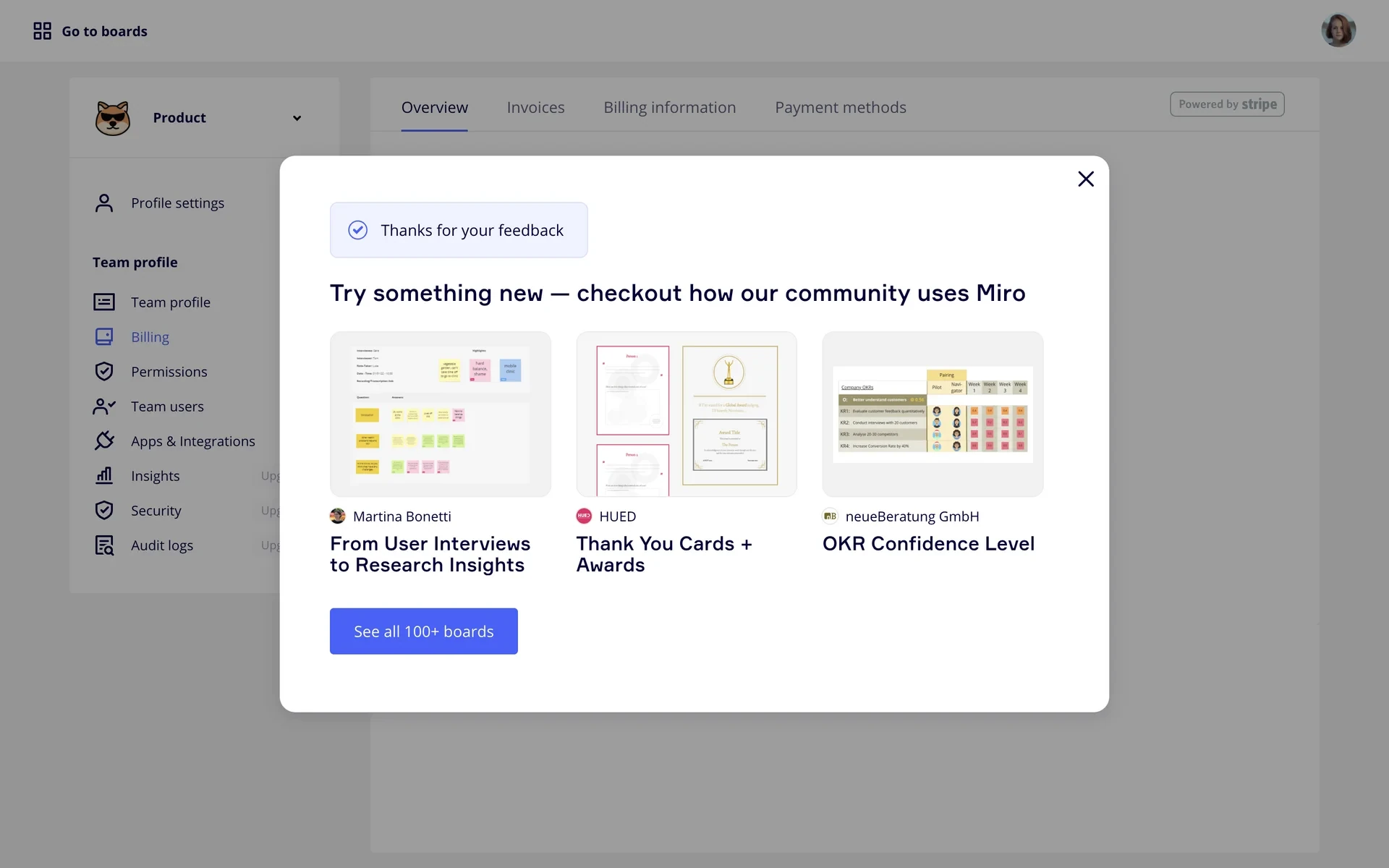 Miro follow-up survey asking why the user no longer needs Miro, with I was just trying it out selected, the text Very good entered, and Submit and Back buttons