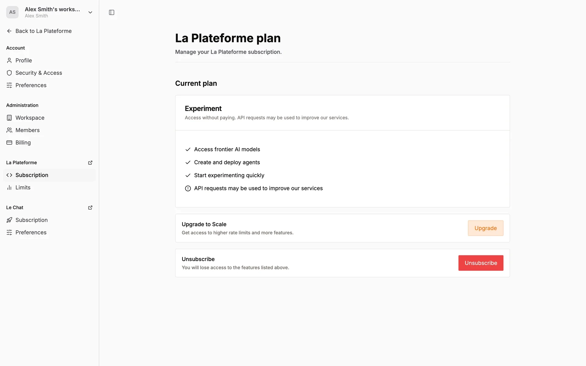 Mistral Admin Console La Plateforme plan page showing the current Experiment plan, an Upgrade to Scale card, and an Unsubscribe section with a red Unsubscribe button and the note "You will lose access to the features listed above"