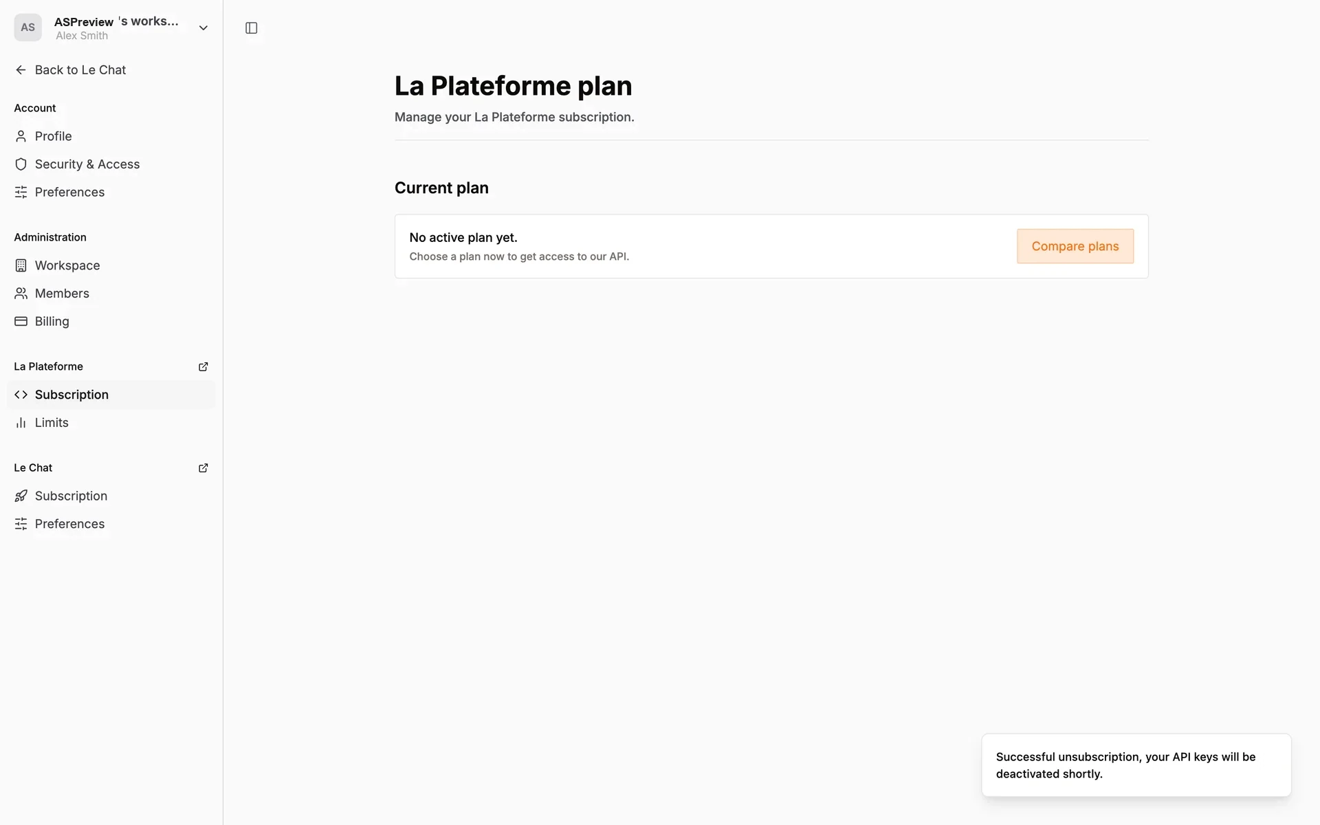 La Plateforme page after unsubscribe showing "No active plan yet" and a bottom-right toast reading "Successful unsubscription, your API keys will be deactivated shortly"