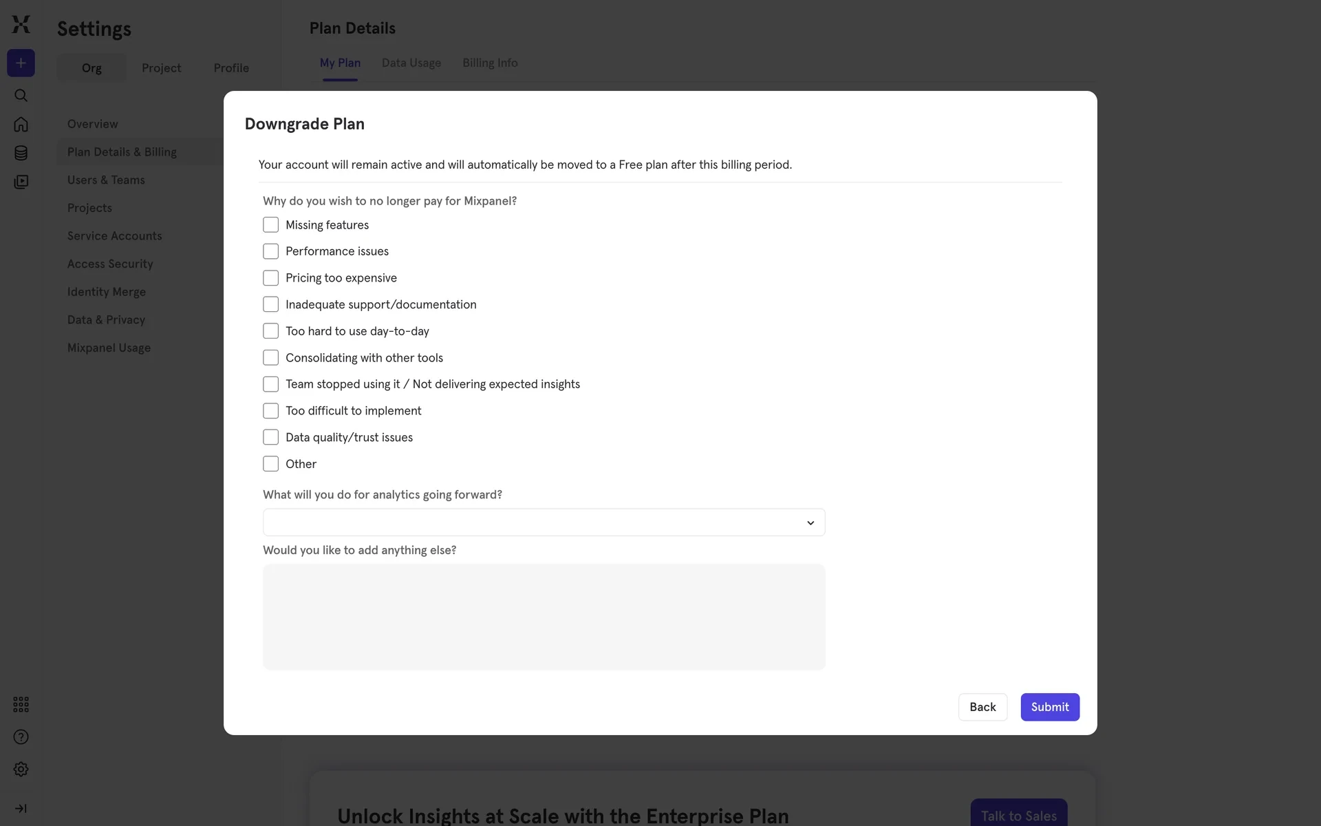 Mixpanel Downgrade Plan modal with a notice that the account moves to Free after the billing period and a list of reason checkboxes