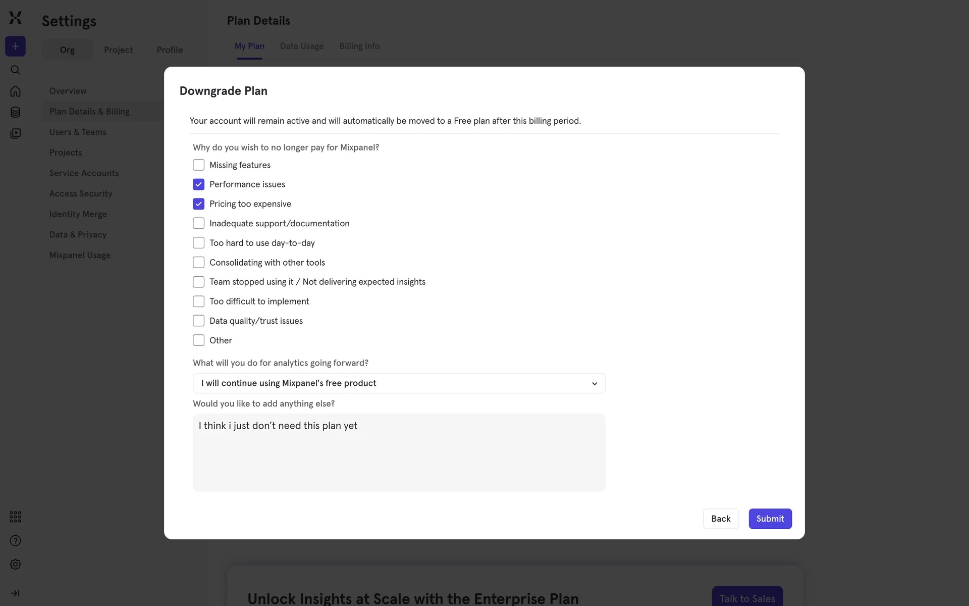 The downgrade survey with Performance issues and Pricing too expensive checked, an analytics-going-forward dropdown set, and a free-text note