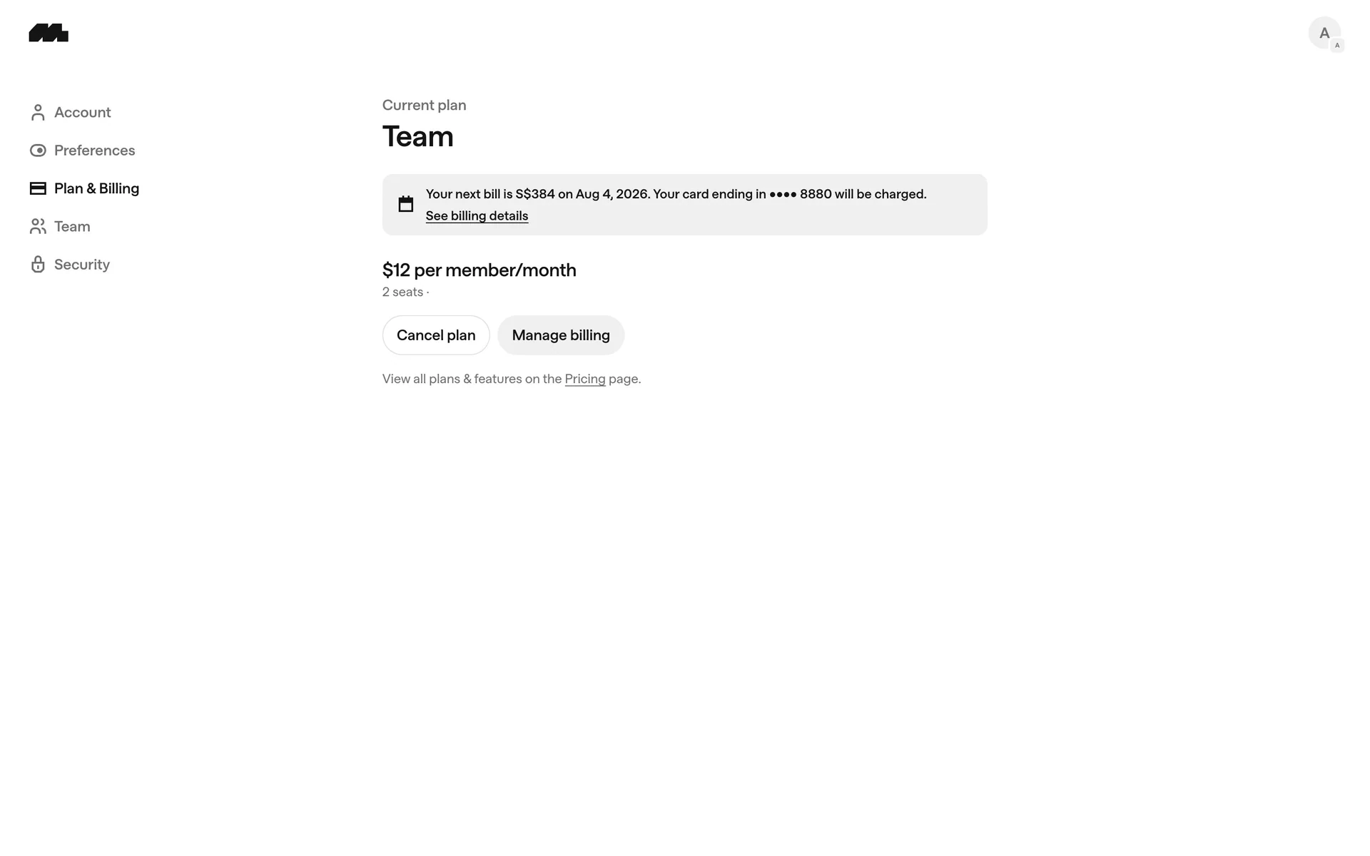 Mobbin Plan & Billing page showing the current plan, a banner reading "Your next bill is … on Aug 4, 2026. Your card ending in •••• 8880 will be charged. See billing details", the per-member/month price, and Cancel plan and Manage billing buttons