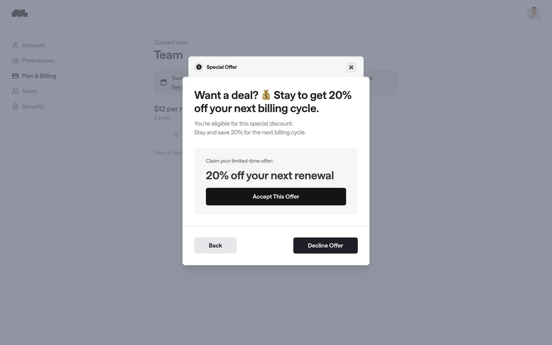 Mobbin "Special Offer" modal offering "20% off your next renewal" with an Accept This Offer button, and Back / Decline Offer buttons at the bottom