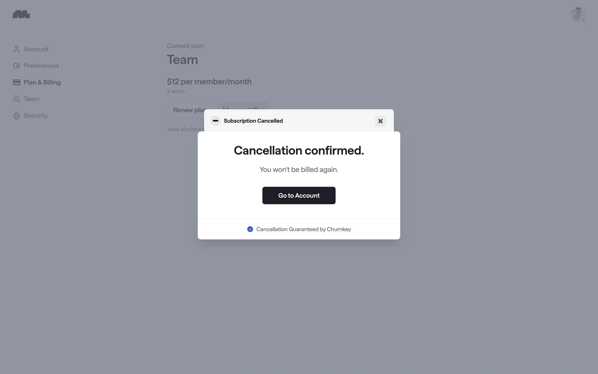 Mobbin "Subscription Cancelled" modal reading "Cancellation confirmed. You won't be billed again." with a Go to Account button and a "Cancellation Guaranteed by Churnkey" footer