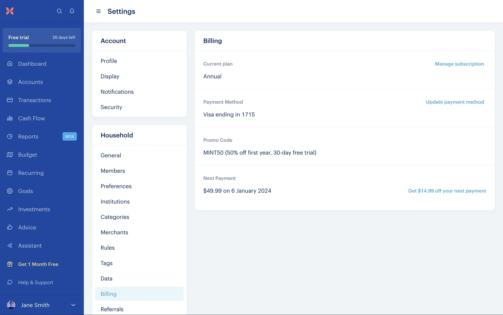 Monarch Settings Billing page showing Current plan Annual with a Manage subscription link, Visa payment method, promo code, and Next Payment date