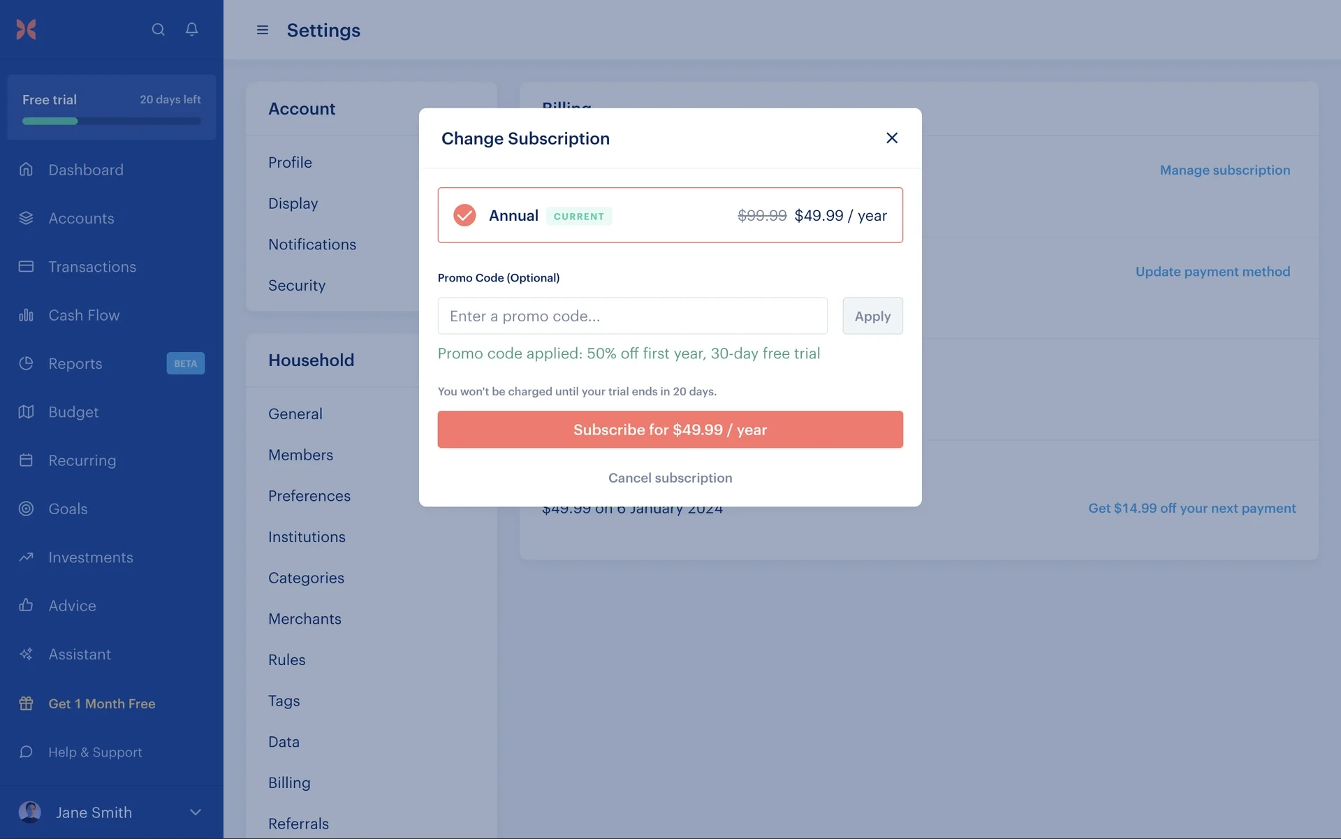 Monarch Change Subscription modal showing the Annual CURRENT plan card, promo code applied text, a Subscribe for $49.99 / year button, and a Cancel subscription text link at the bottom
