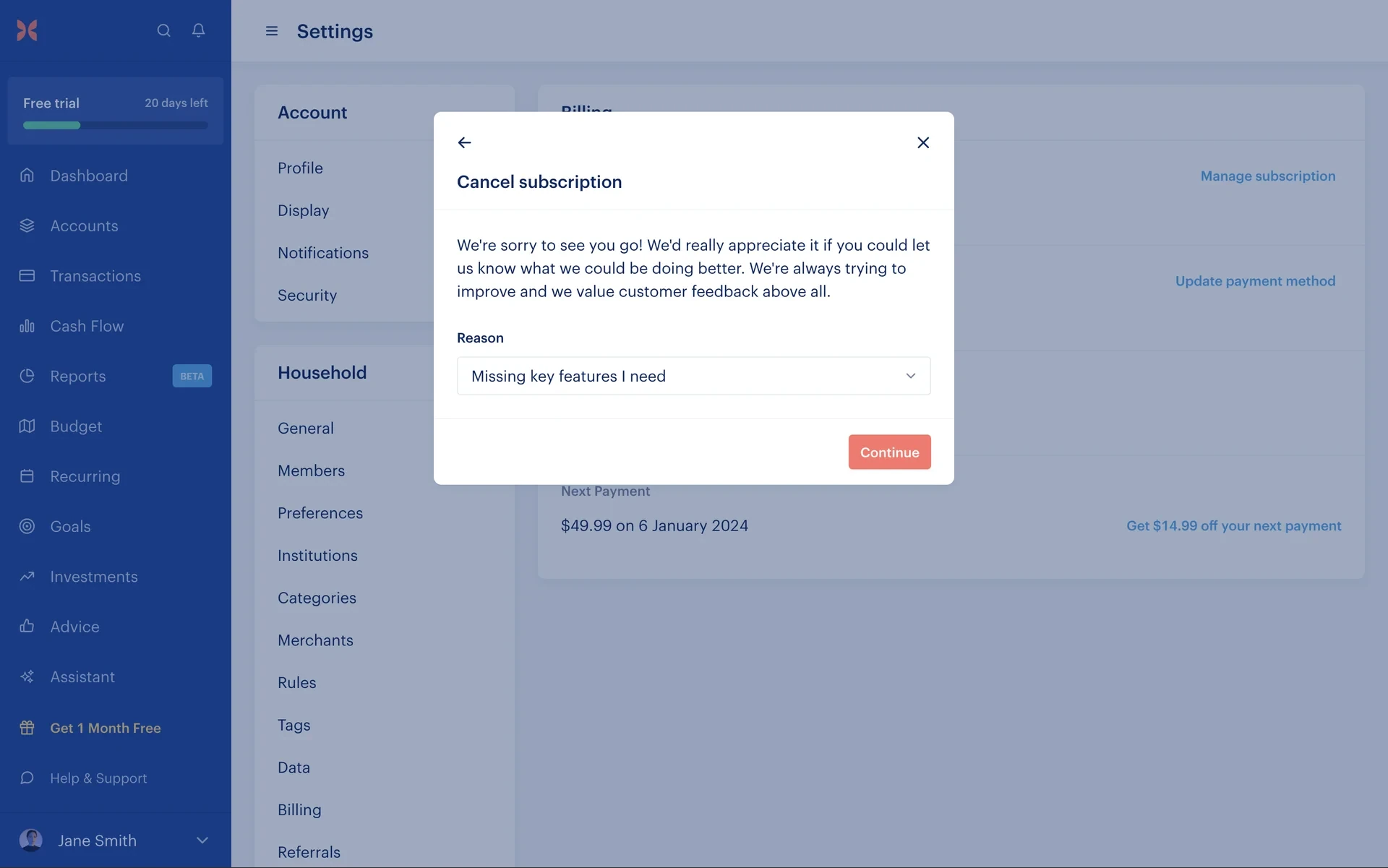 Monarch Cancel subscription modal with Reason dropdown set to Missing key features I need and an enabled Continue button
