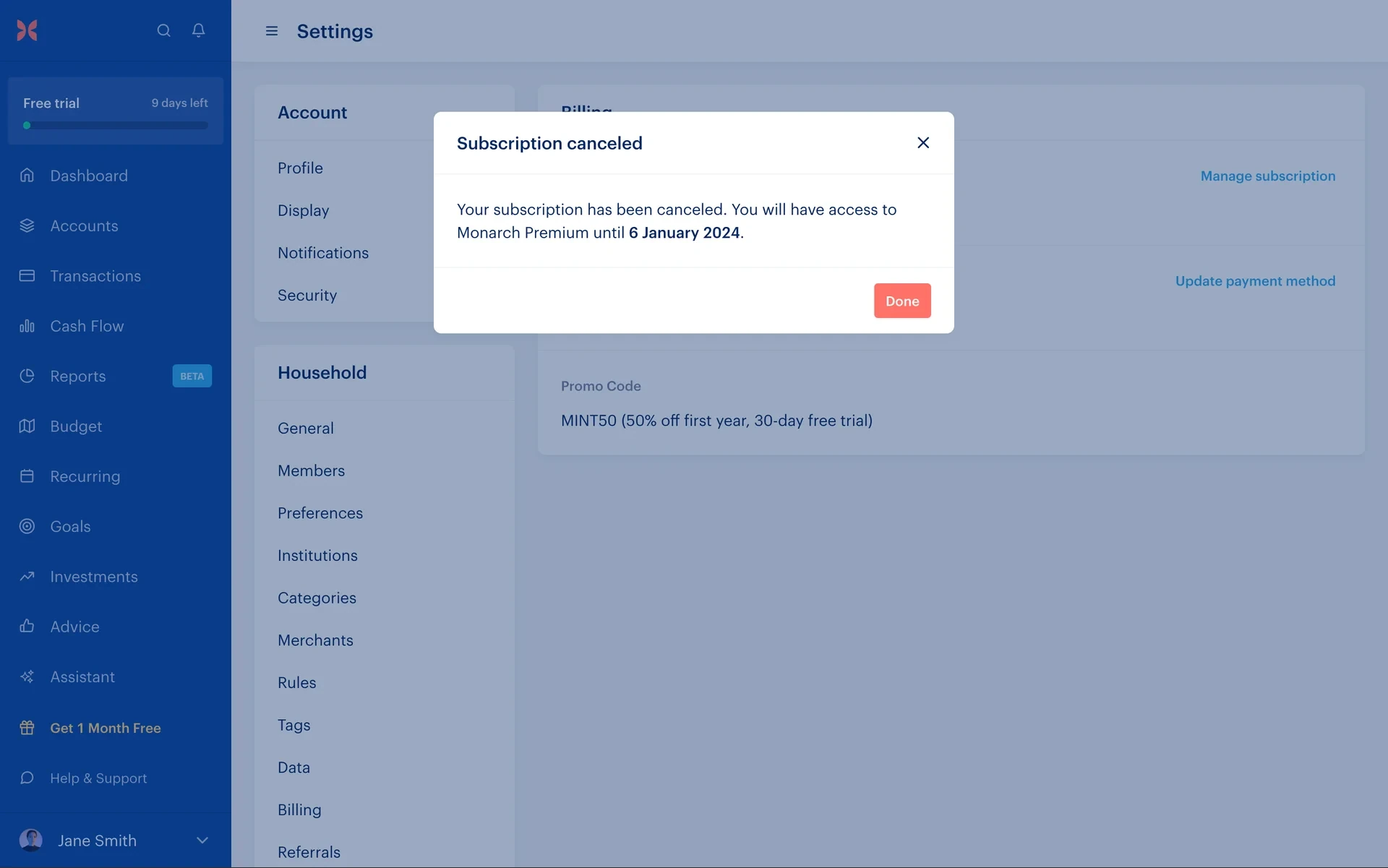 Monarch Subscription canceled modal stating Premium access continues until a specific date with a Done button