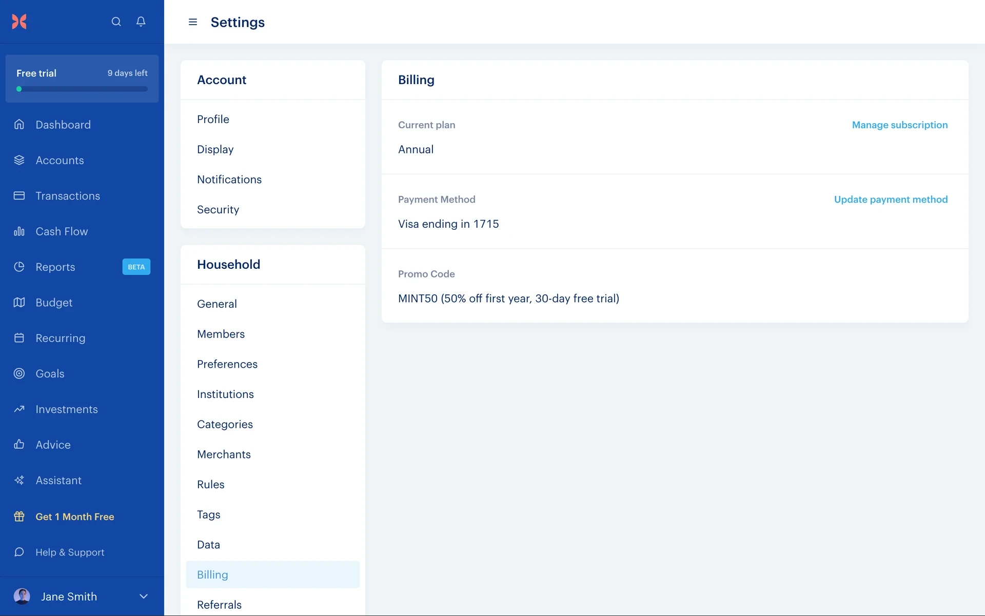 Monarch Billing settings after cancellation showing Current plan Annual, Manage subscription, payment method, and promo code with no next-payment charge row