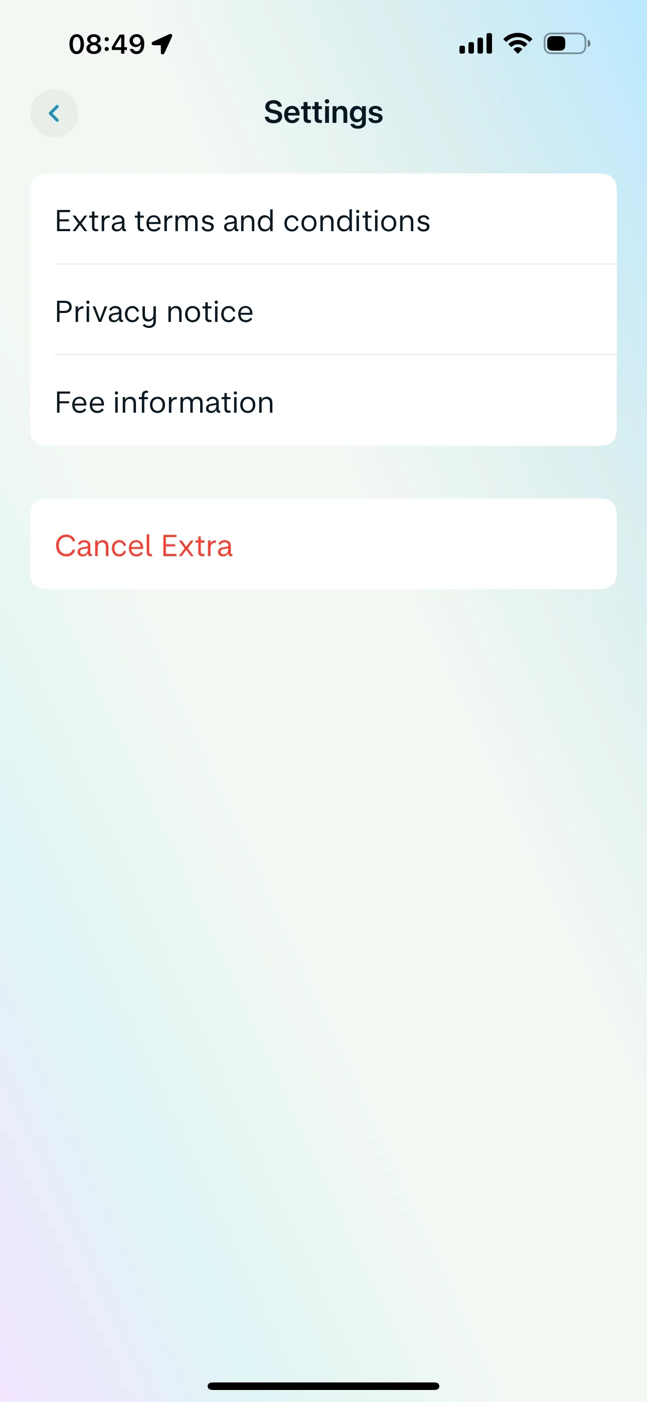 Monzo Settings screen listing Extra terms and conditions, Privacy notice and Fee information in one card, with a red Cancel Extra row in a separate card below