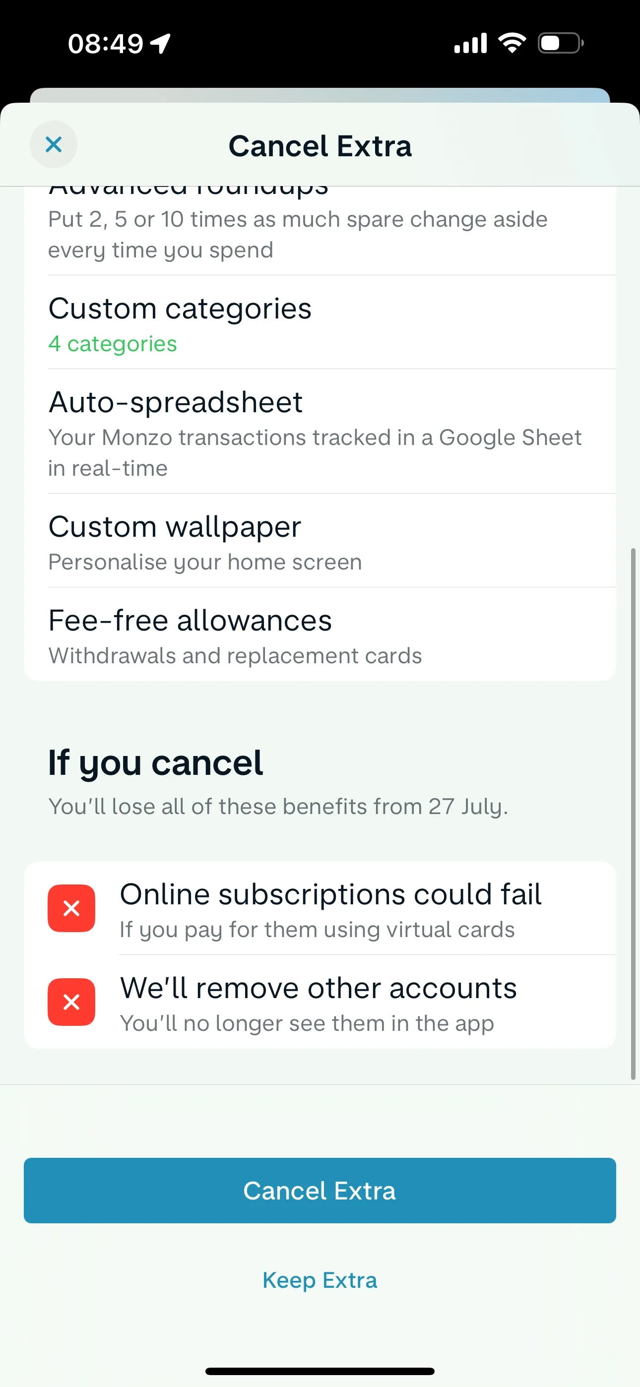 Scrolled Monzo Cancel Extra sheet showing an If you cancel section with two red cross rows reading Online subscriptions could fail, If you pay for them using virtual cards, and We'll remove other accounts, You'll no longer see them in the app, above an enabled blue Cancel Extra button