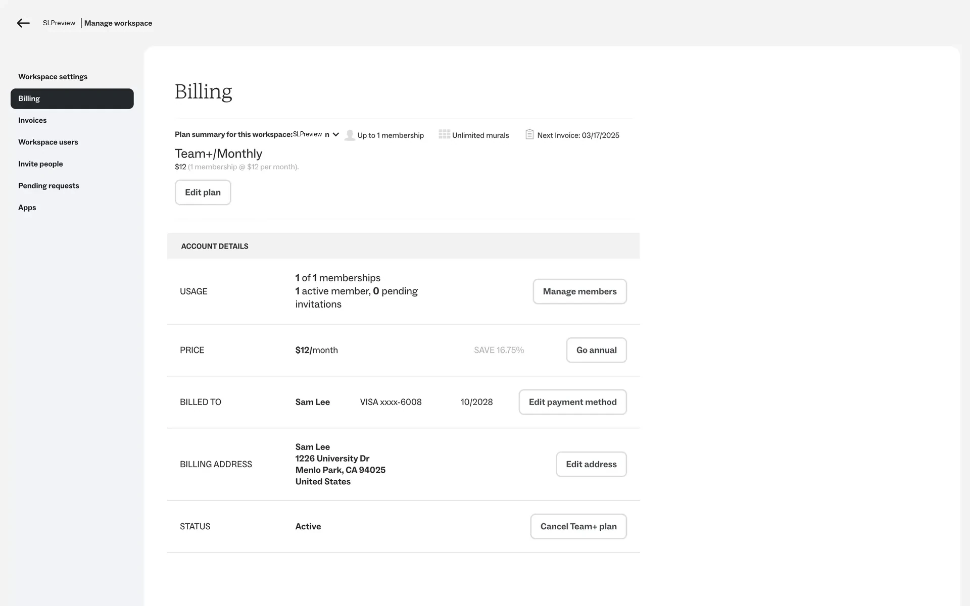 Mural dashboard showing the workspace name dropdown expanded with the "Manage [workspace name]" option highlighted