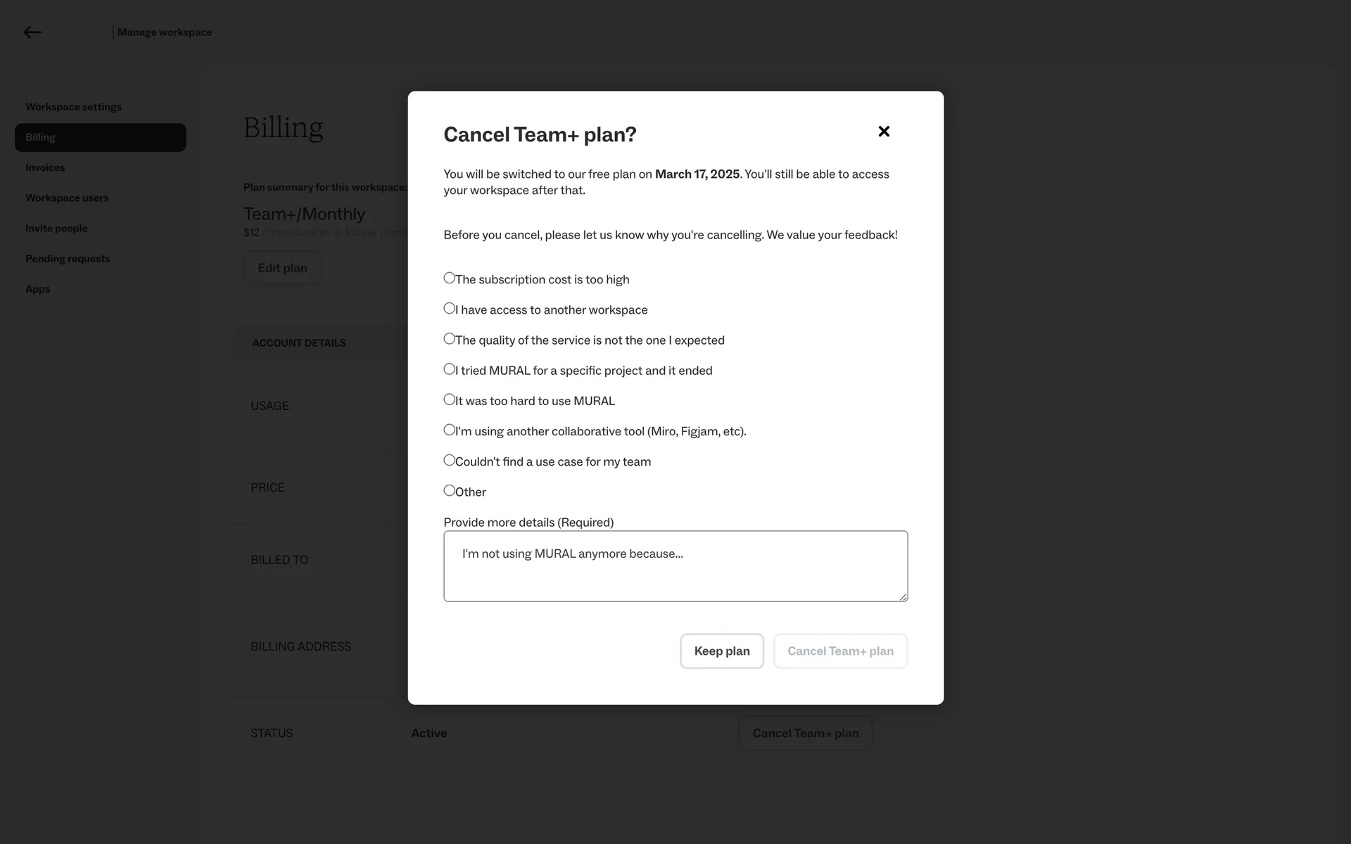 Mural workspace settings page showing the left sidebar with options for General, Members, Billing, and Invoices