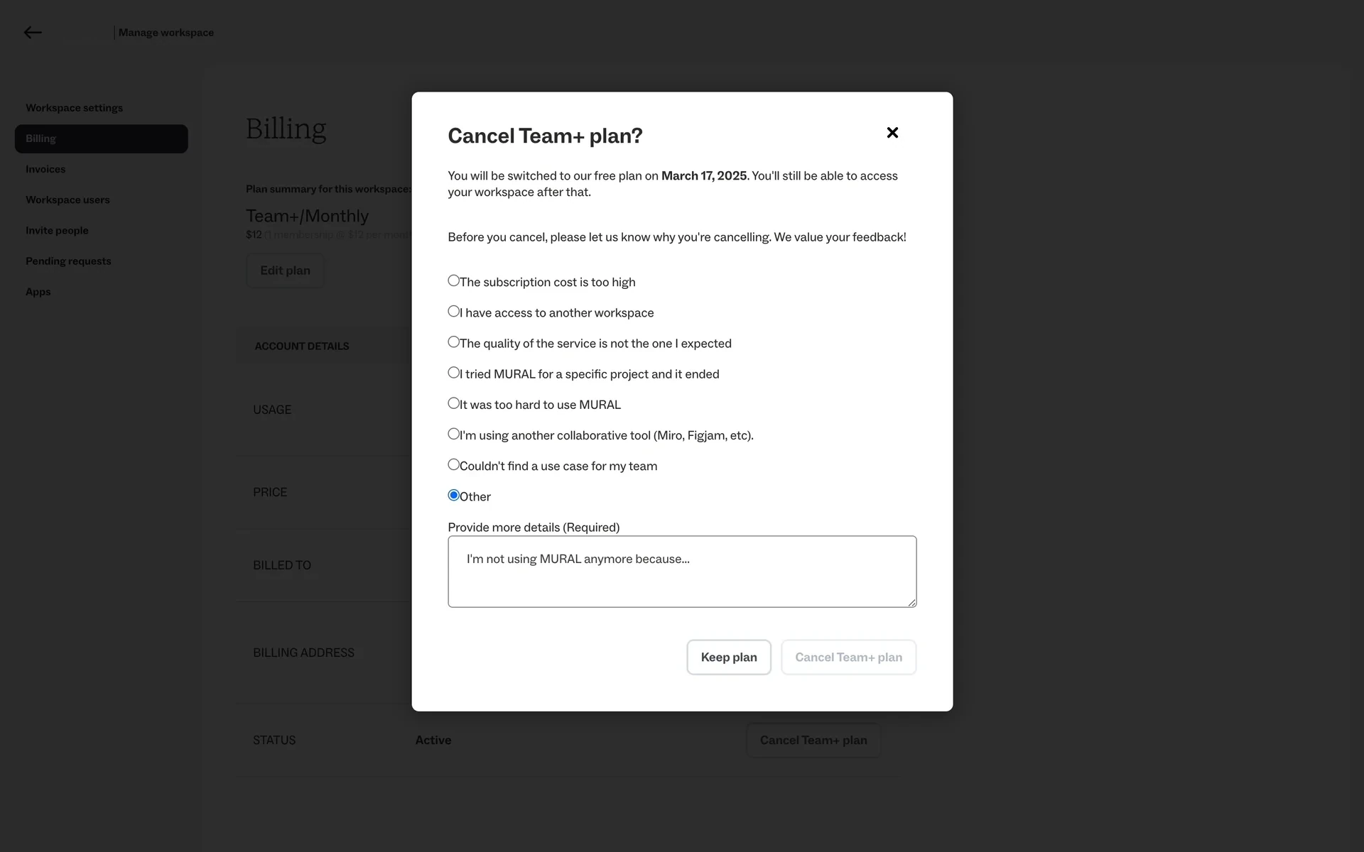Mural Billing page showing the current Team+ plan details, membership count, and the Cancel subscription button at the bottom
