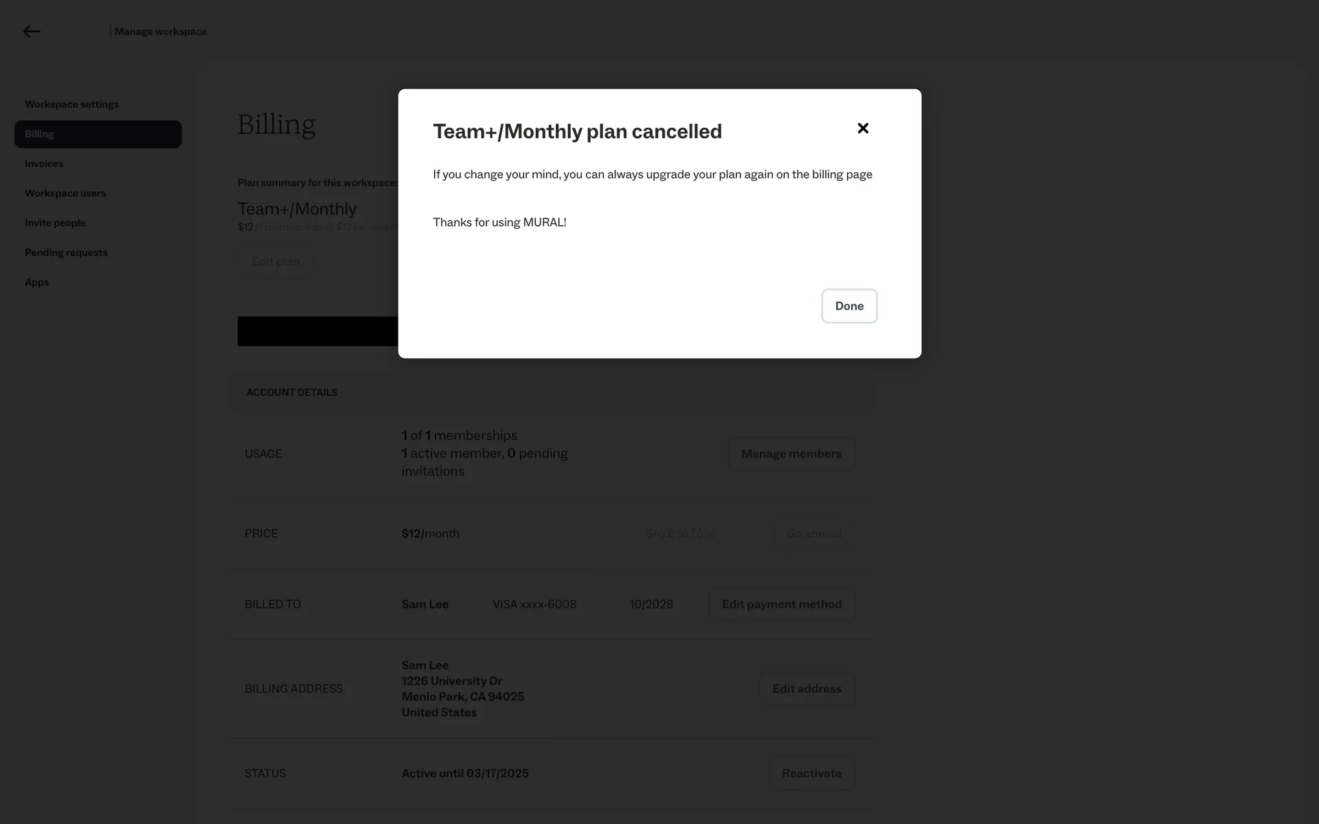 Mural cancellation reason survey with checkbox options for why the user is canceling their subscription