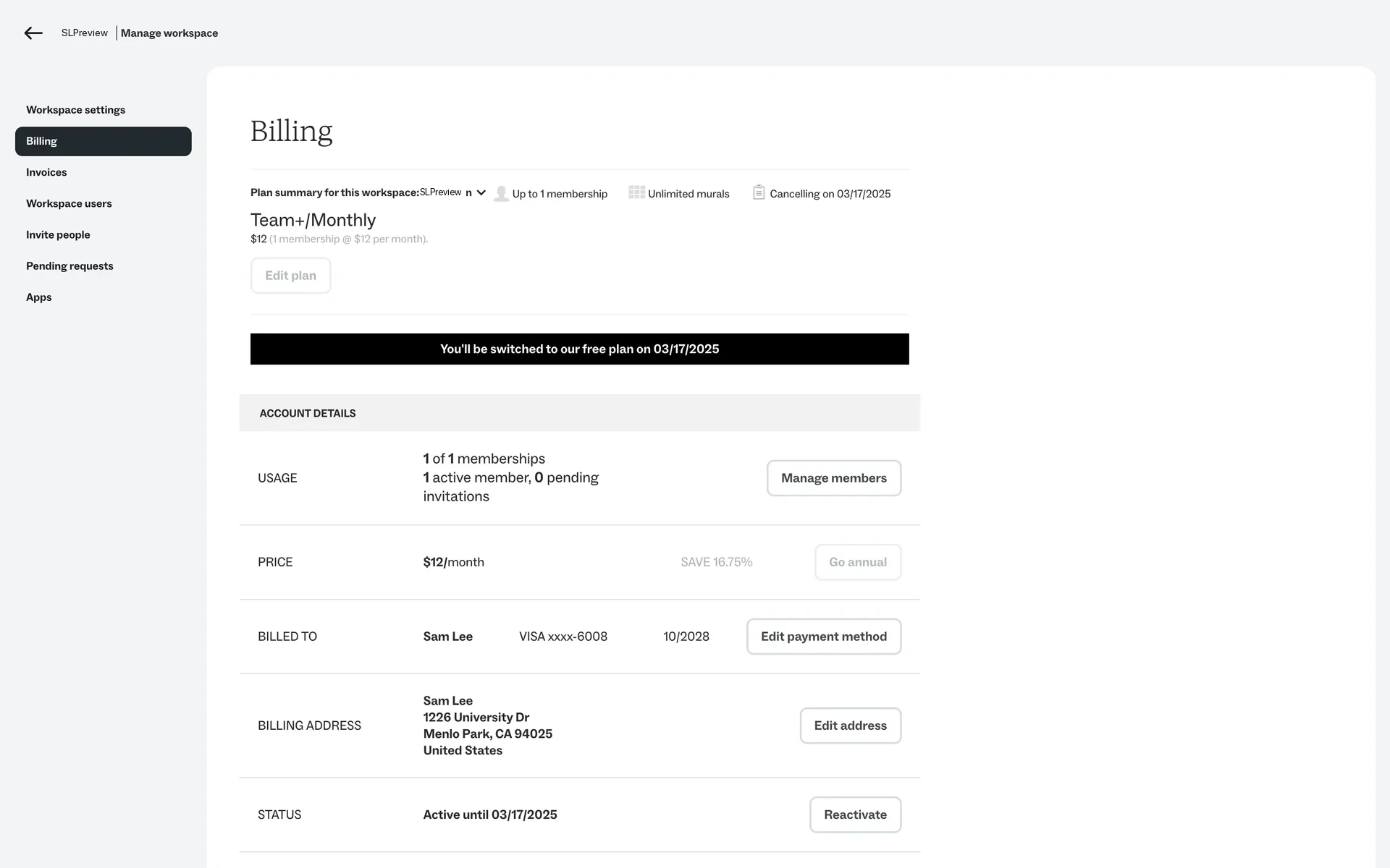Mural billing page showing a confirmation banner that the subscription has been canceled with the access end date displayed