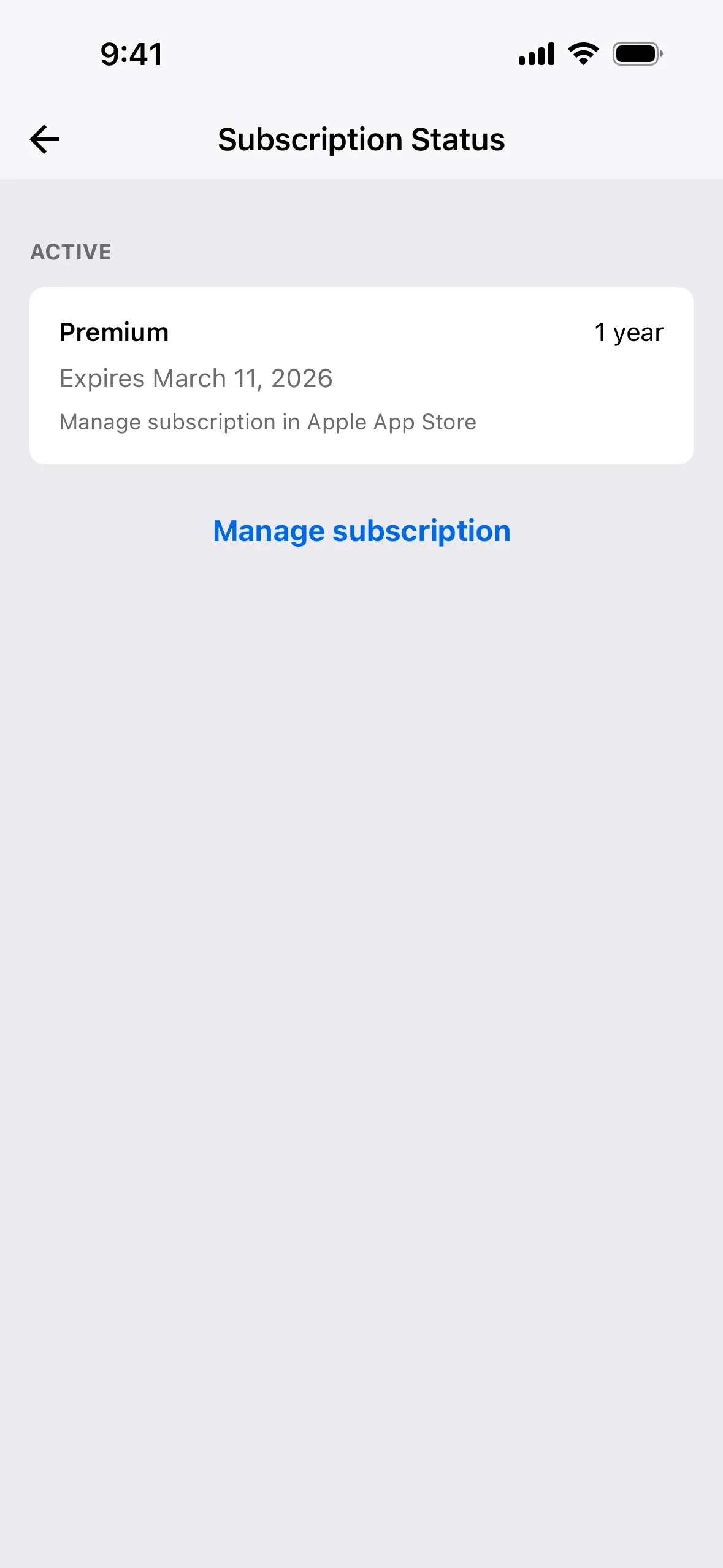 MyFitnessPal Subscription Status screen showing an ACTIVE Premium 1 year card with an Expires date, the note Manage subscription in Apple App Store, and a blue Manage subscription button