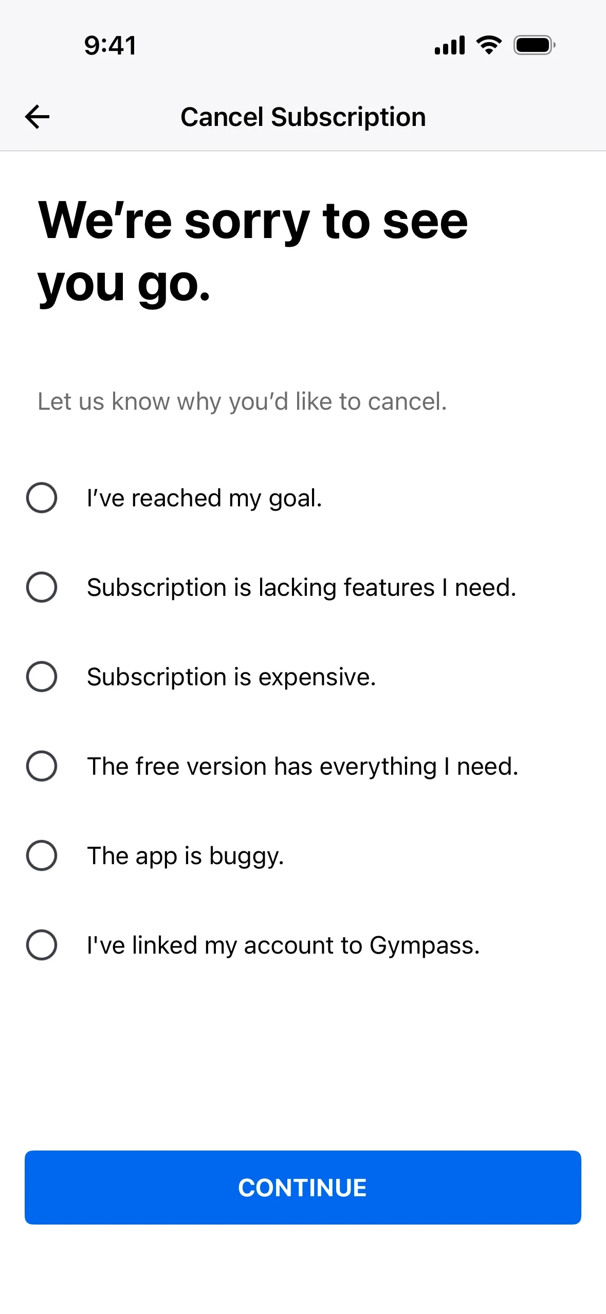 MyFitnessPal Cancel Subscription survey titled We’re sorry to see you go with six unselected radio reasons and a blue CONTINUE button