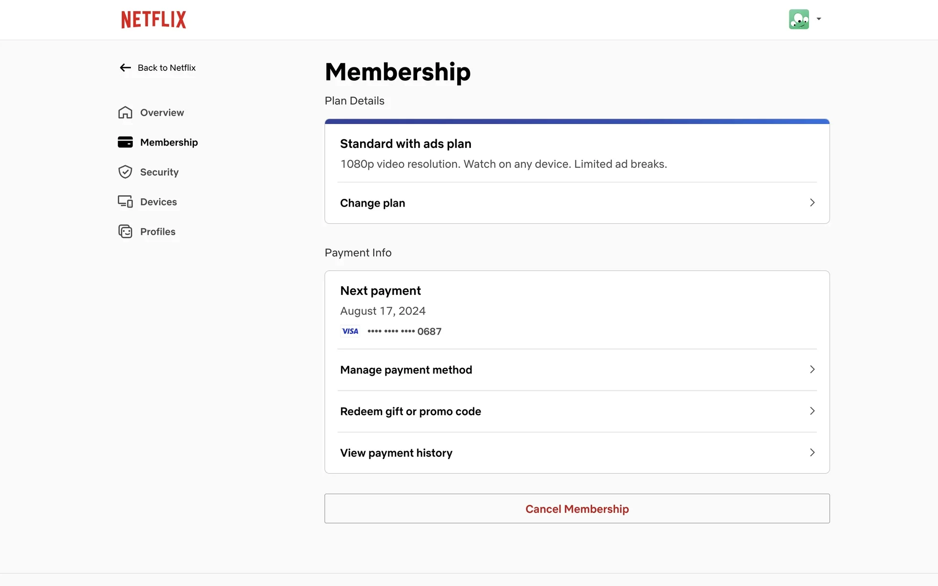 Netflix Membership page showing the Standard with ads plan, payment info, and the red Cancel Membership button at the bottom