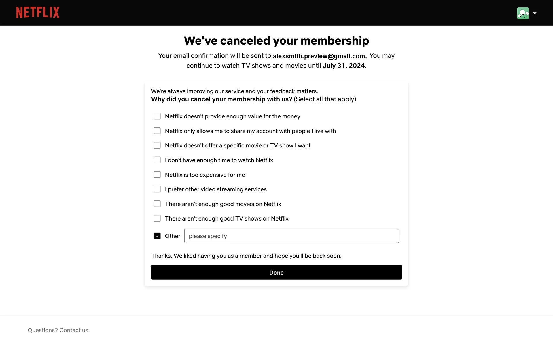 Cancellation survey with the Other checkbox selected and a please specify text field for custom feedback
