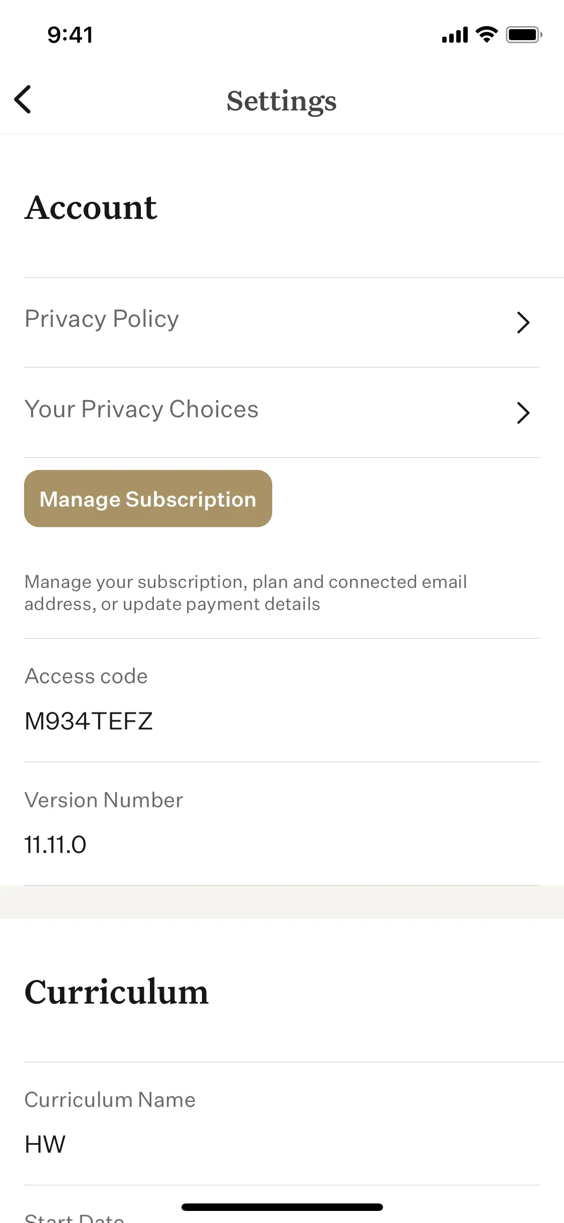 Noom in-app Settings screen showing the Account section with Privacy Policy, Your Privacy Choices, and a Manage Subscription button