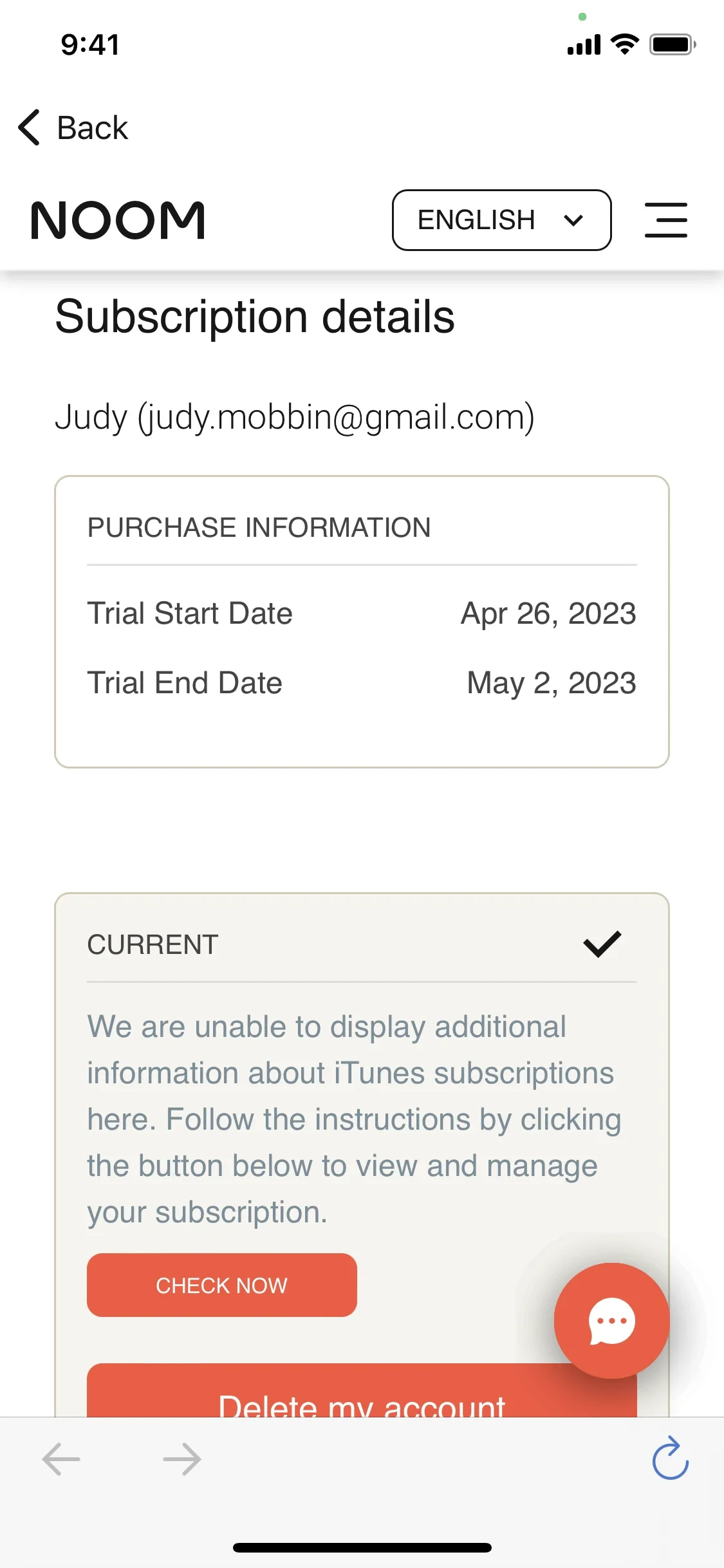Noom Subscription details screen showing trial dates, an iTunes notice reading "We are unable to display additional information about iTunes subscriptions here," and a CHECK NOW button above a red Delete my account button