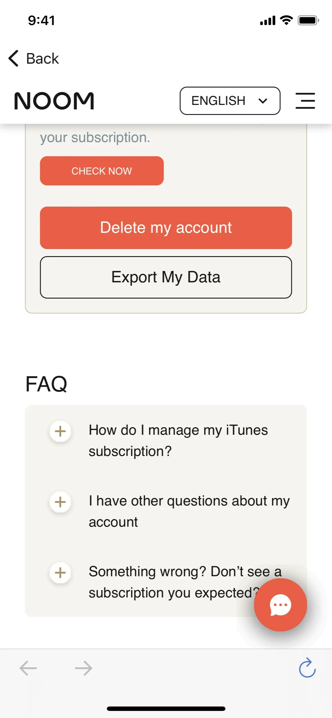 Noom Subscription details page scrolled to show the orange CHECK NOW button, the red Delete my account button, and the bordered Export My Data button above the FAQ list