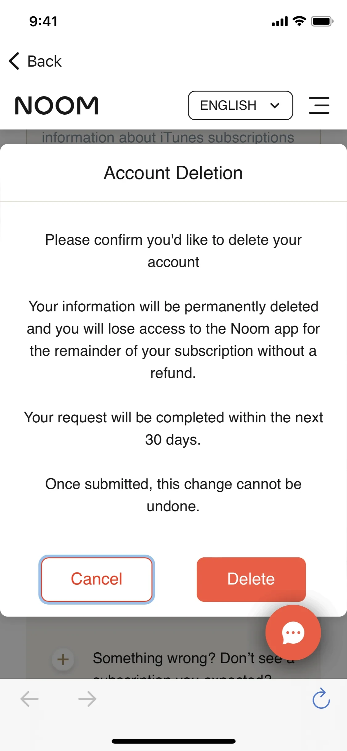 Noom Account Deletion modal warning that information will be permanently deleted and access lost without a refund, with a 30-day processing note and Cancel and Delete buttons