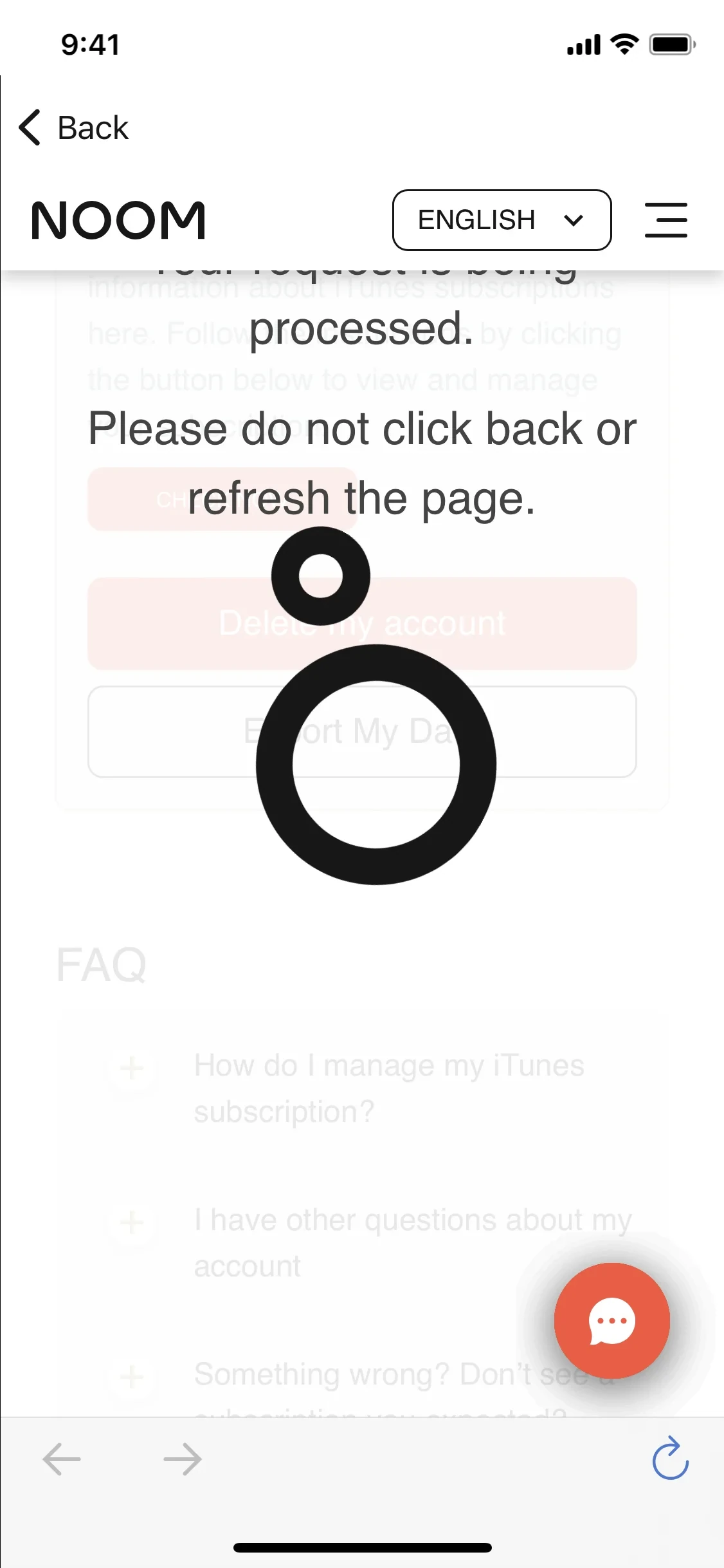 Noom deletion processing screen showing a large loading spinner over the dimmed Subscription details page with the message Please do not click back or refresh the page