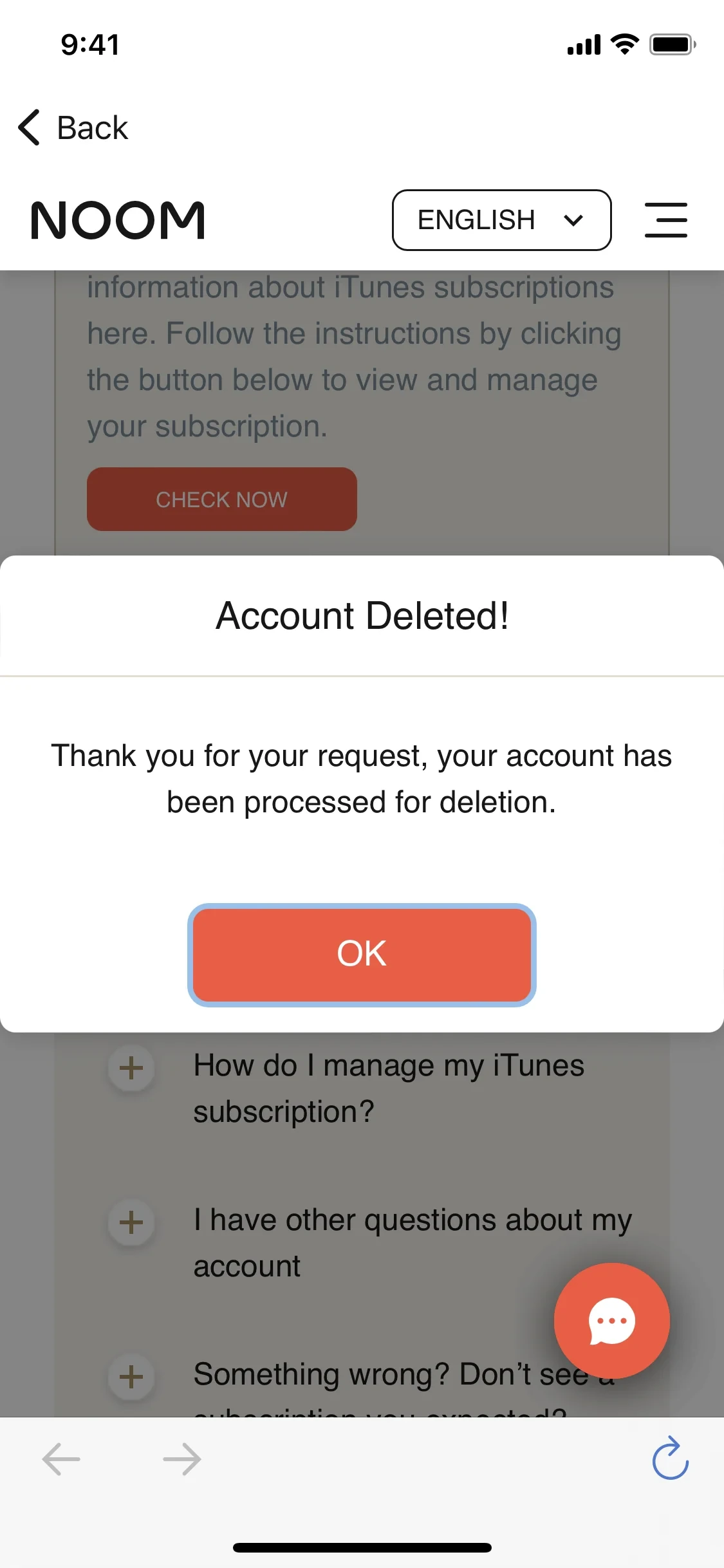 Noom Account Deleted confirmation modal reading Thank you for your request, your account has been processed for deletion with a single OK button
