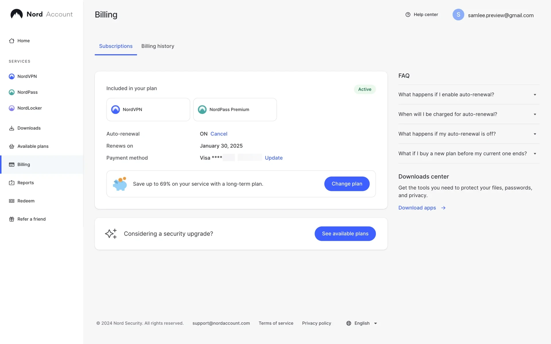 Nord Account Billing page Subscriptions tab showing the Included in your plan card with NordVPN and NordPass Premium tiles, Auto-renewal ON with a Cancel link, Renews on January 30 2025, and a right-column FAQ section including "When will I be charged for auto-renewal?"
