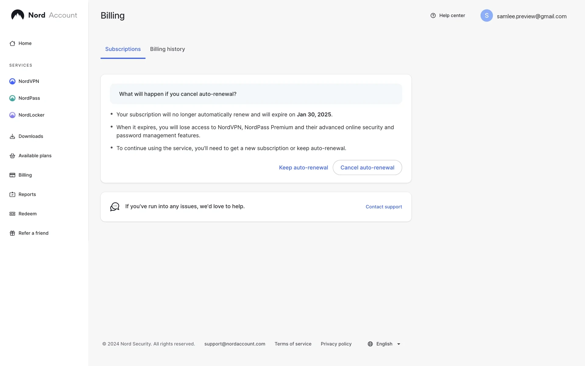 Nord Account cancellation confirmation panel titled "What will happen if you cancel auto-renewal?" with three bullets about expiration on Jan 30 2025 and loss of access to NordVPN and NordPass Premium, plus a blue Keep auto-renewal link and an outlined Cancel auto-renewal button, and a Contact support row below