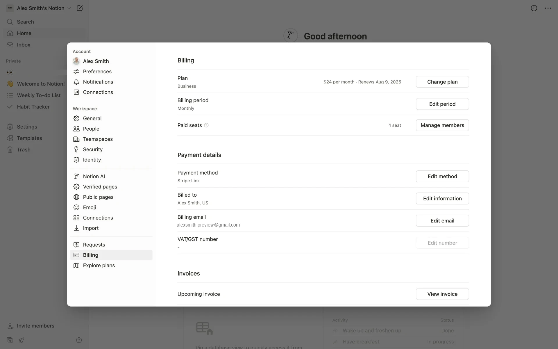 Notion Settings Billing page showing the Business plan at $24 per month renewing Aug 9 2025, with the Change plan button and payment details below
