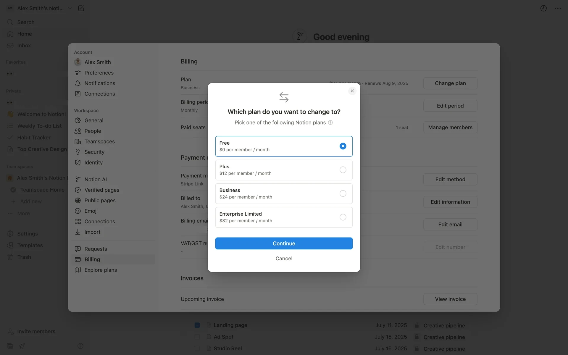 Notion "Which plan do you want to change to?" modal with the Free $0 per member/month option selected, above Plus $12, Business $24 and Enterprise Limited $32, with a blue Continue button