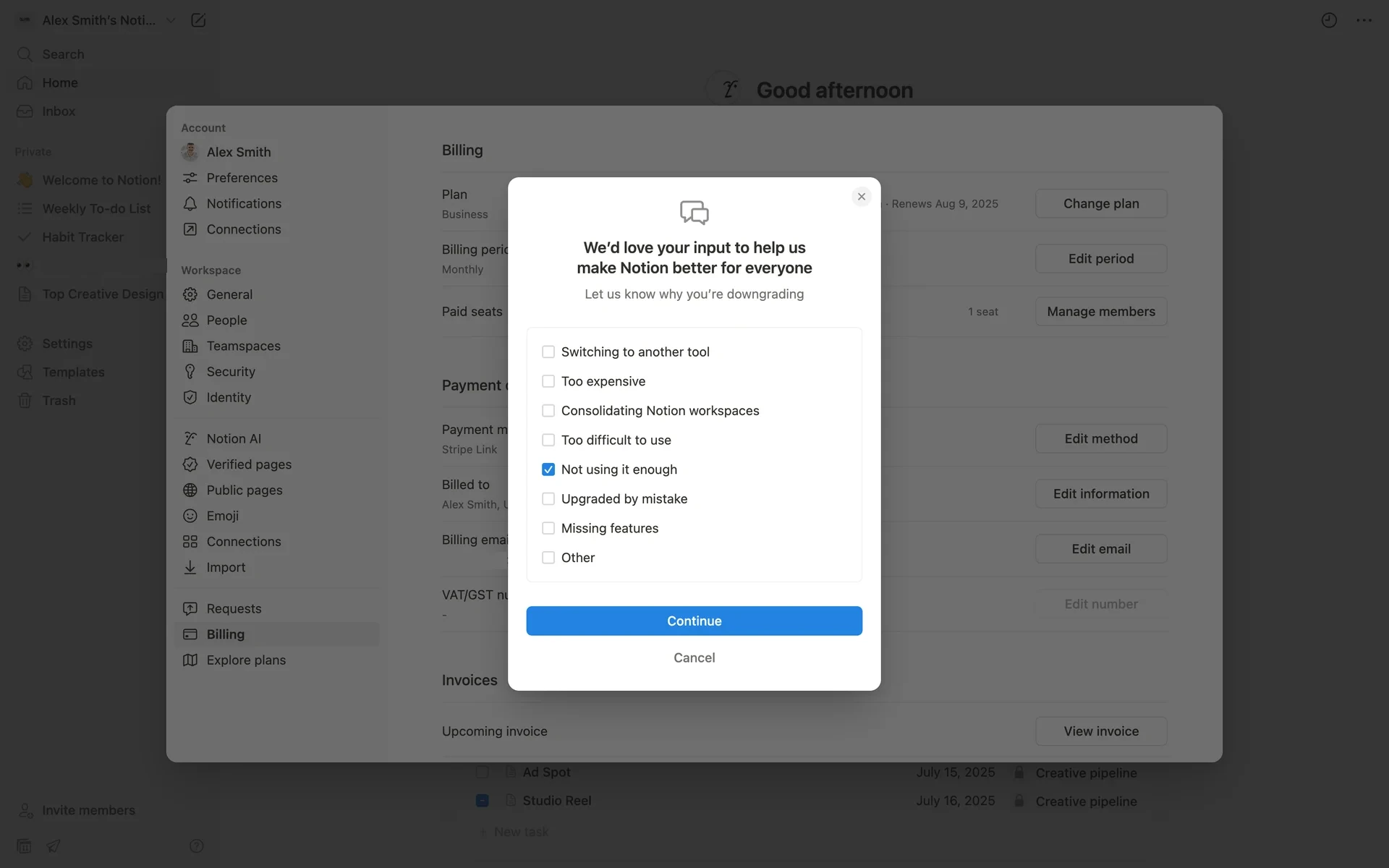 Notion downgrade feedback survey headed "We'd love your input to help us make Notion better for everyone" with checkboxes and "Not using it enough" ticked, above a blue Continue button