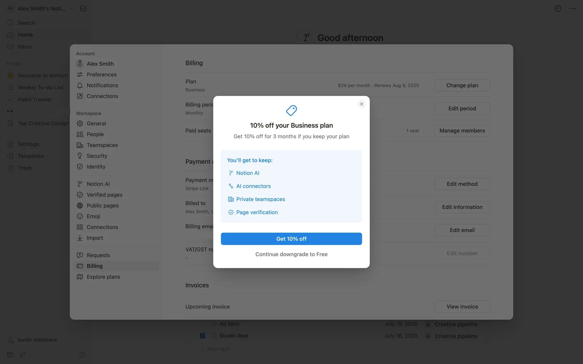 Notion save-offer modal "10% off your Business plan" listing kept features (Notion AI, AI connectors, private teamspaces, page verification) with a blue "Get 10% off" button and a small "Continue downgrade to Free" link below