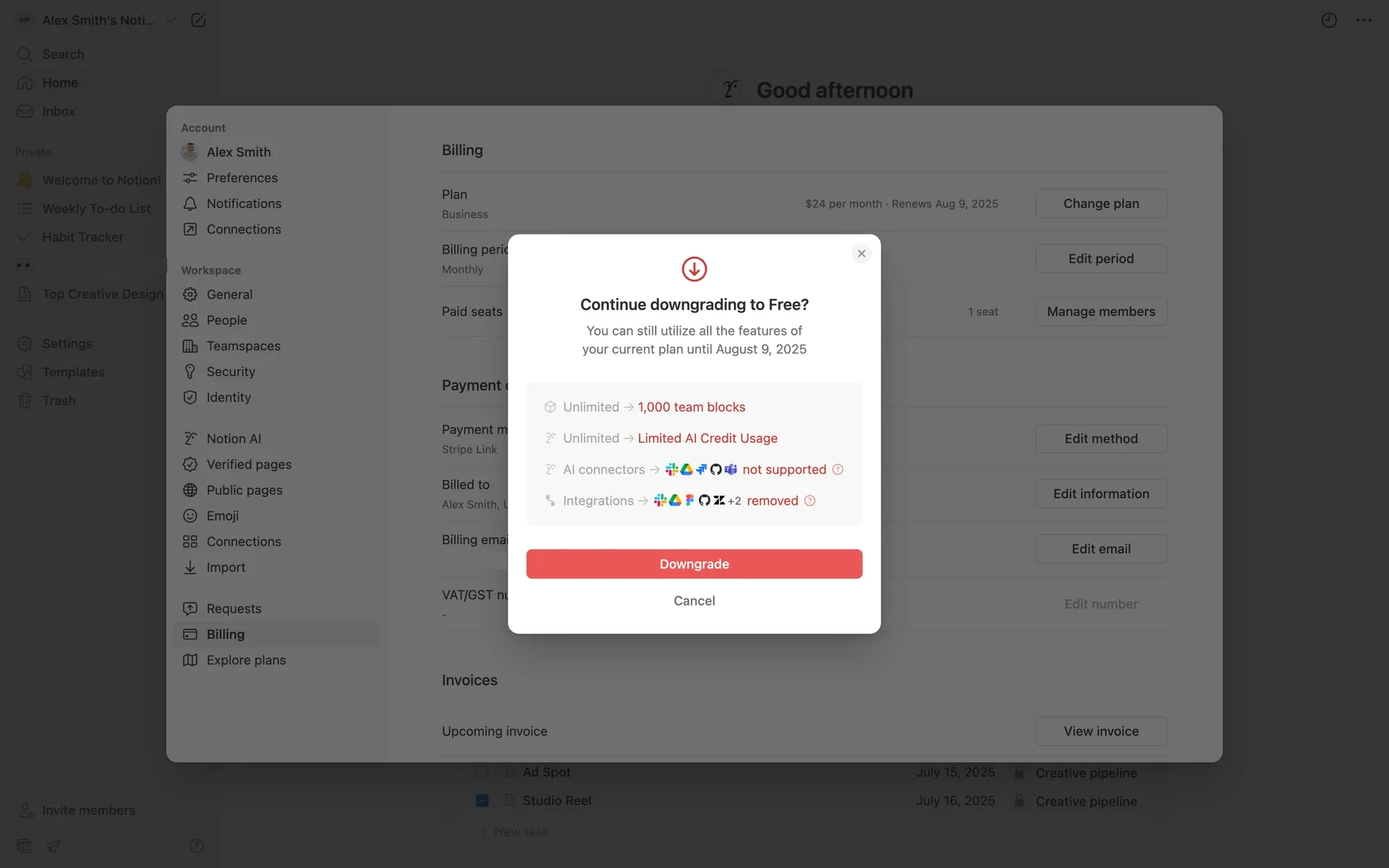 Notion "Continue downgrading to Free?" confirmation showing feature losses (Unlimited to 1,000 team blocks, Limited AI Credit Usage, AI connectors not supported, integrations removed) with a red Downgrade button and a Cancel link