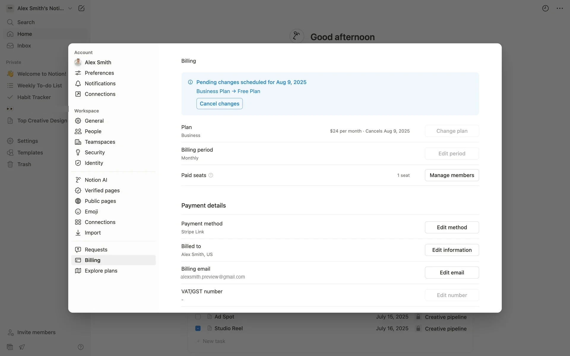 Notion Billing page with a blue "Pending changes scheduled for Aug 9 2025 · Business Plan → Free Plan" banner and a Cancel changes button, with the plan marked "Cancels Aug 9 2025"